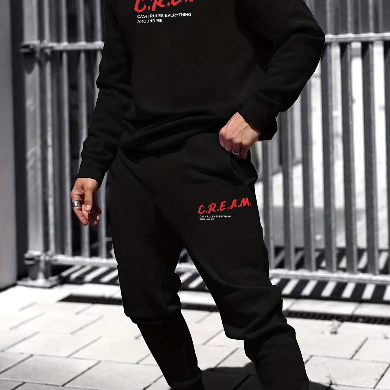 2Pcs Trendy Cream Letters Print Outfit Set - Soft Casual Hoodies Long Sleeve Hooded Shirts Pullover Sweatshirt, Drawstring Sweatpants Joggers for Spring Fall - Men's Comfortable Clothing for Everyday Wear