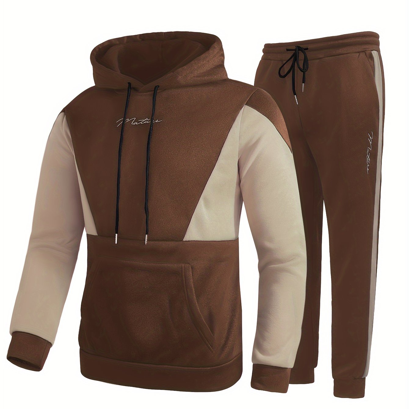 2Pcs Color Block Men's Sweatsuits - Cozy Hoodies Long Sleeve Sweatshirt and Sweatpants Joggers Set for Winter Fall - Soft, Breathable, and Comfortable Men's Clothing