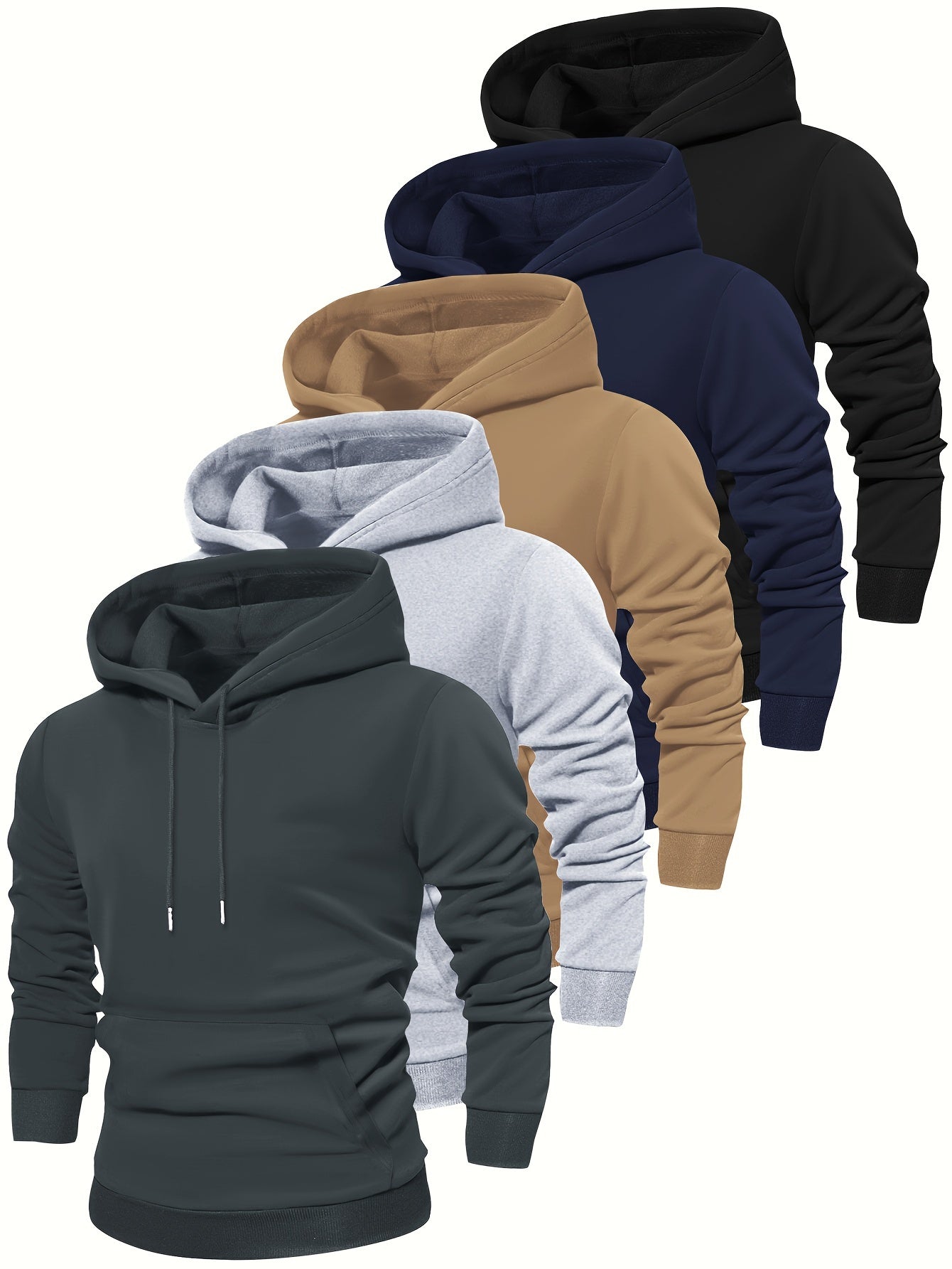 5pcs Fashion Hoodies - Cozy Solid Color Hooded Long Sleeve Sweatshirts with Kangaroo Pocket, Perfect for Outdoors, Casual and Sports Wear, Soft and Warm for Men's Fall and Winter Fashion