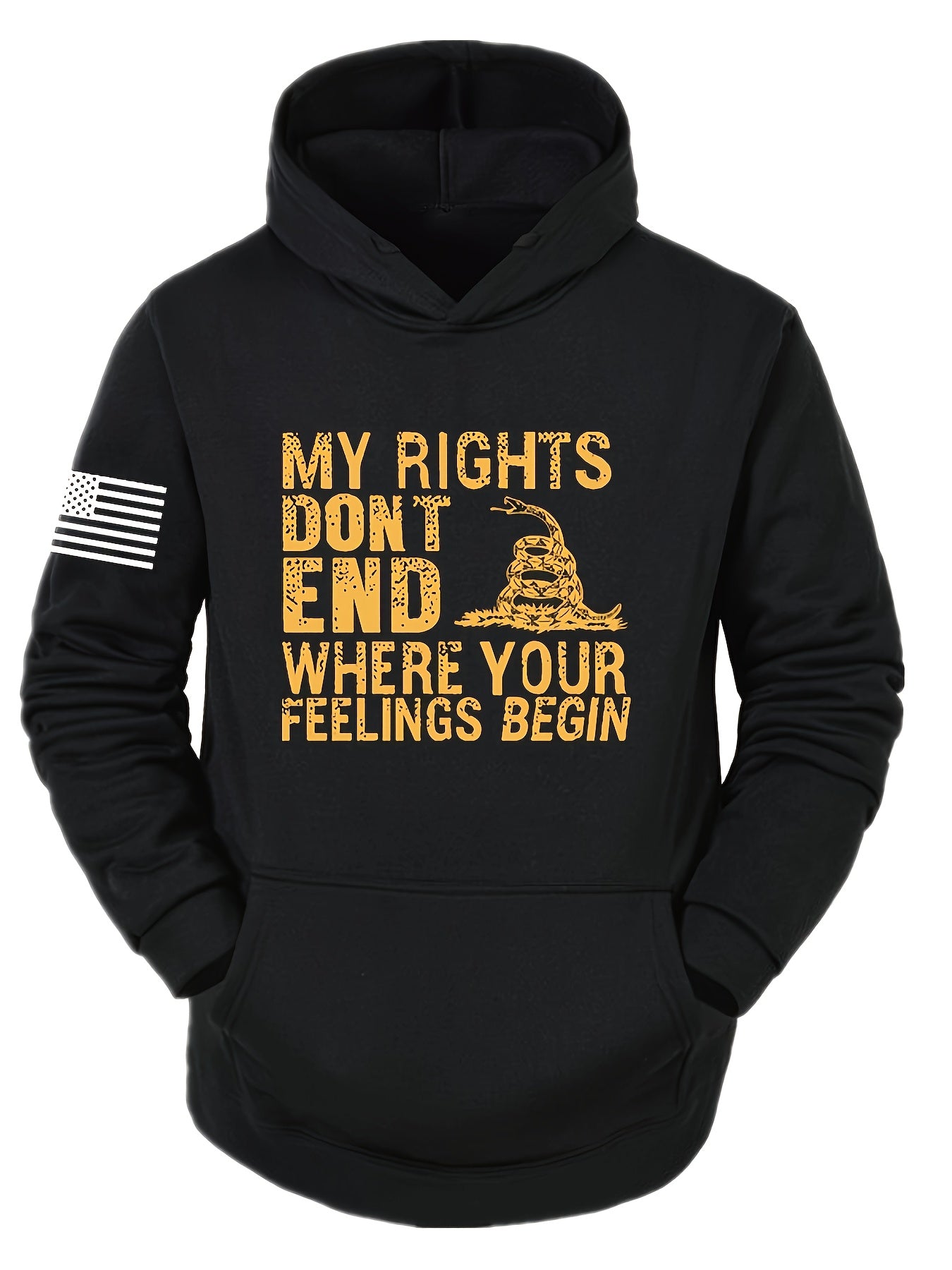 Plus Size Men's Drawstring Hoodies, "My Rights Don't Stop Where Your Feelings Begin" Graphic Print Sweatshirt For Big & Tall Males