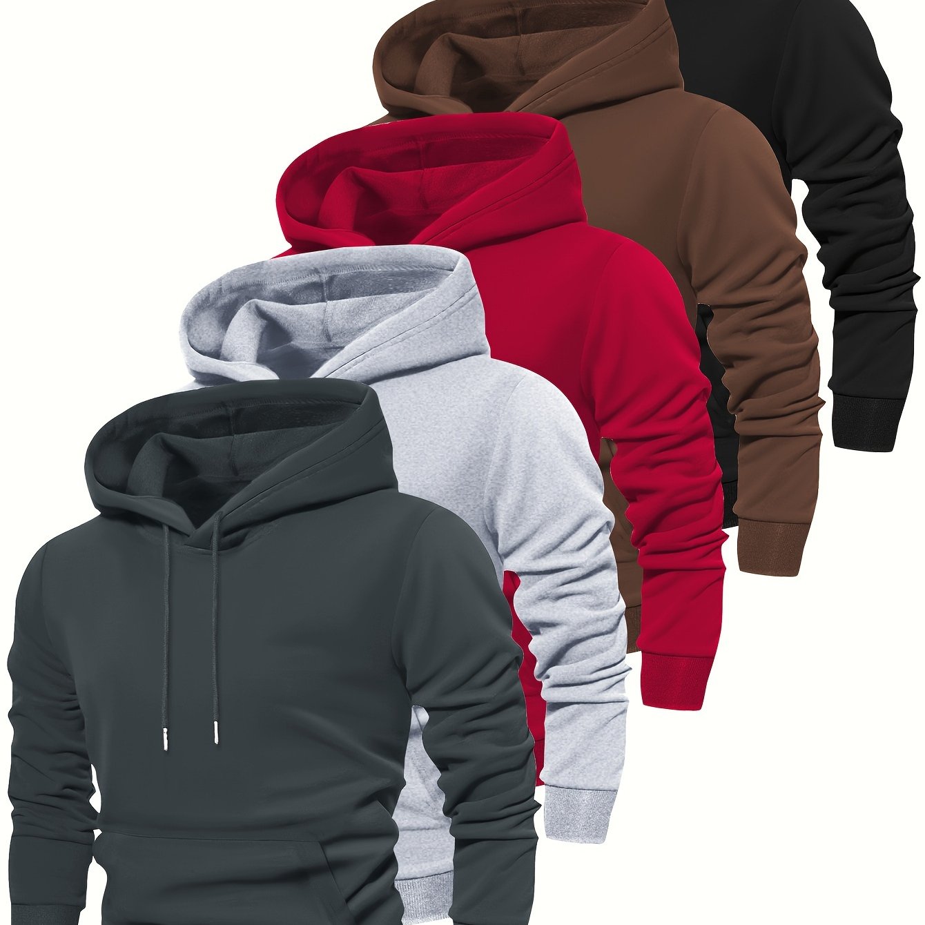 5pcs Fashion Hoodies - Cozy Solid Color Hooded Long Sleeve Sweatshirts with Kangaroo Pocket, Perfect for Outdoors, Casual and Sports Wear, Soft and Warm for Men's Fall and Winter Fashion