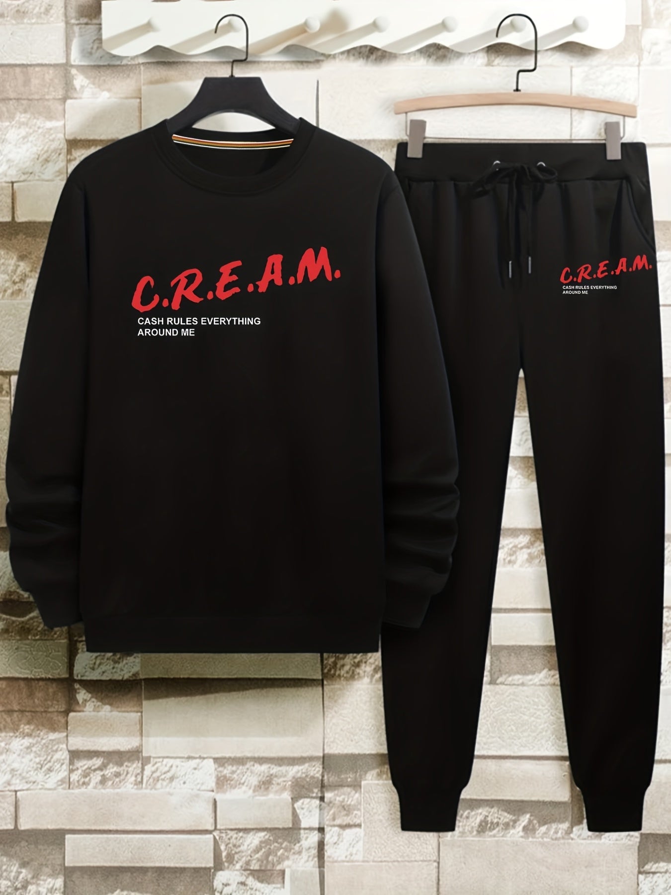 2Pcs Trendy Cream Letters Print Outfit Set - Soft Casual Hoodies Long Sleeve Hooded Shirts Pullover Sweatshirt, Drawstring Sweatpants Joggers for Spring Fall - Men's Comfortable Clothing for Everyday Wear