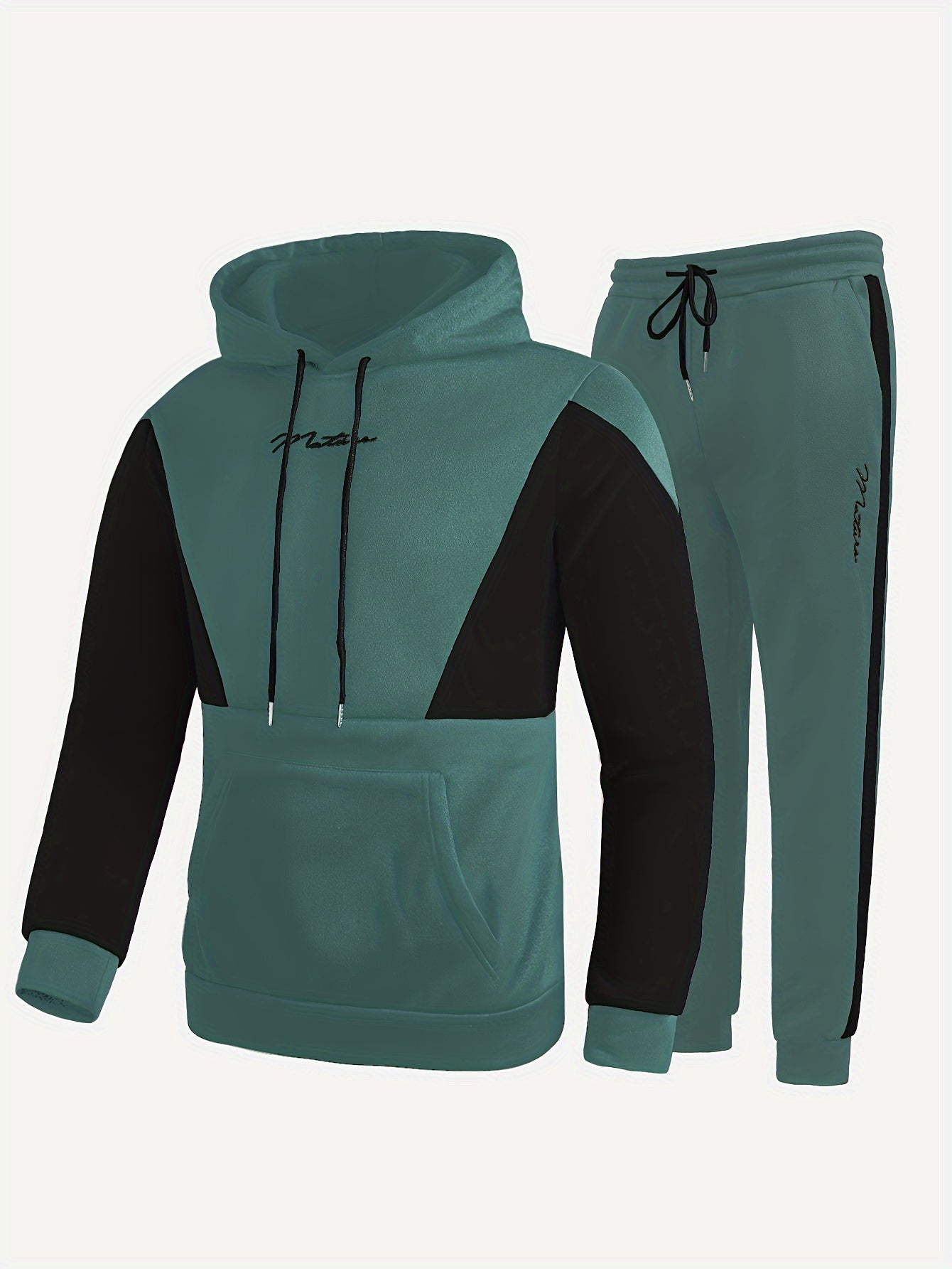 2Pcs Color Block Men's Sweatsuits - Cozy Hoodies Long Sleeve Sweatshirt and Sweatpants Joggers Set for Winter Fall - Soft, Breathable, and Comfortable Men's Clothing