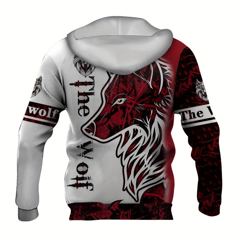 The Wolf Print Hoodie, Cool Hoodies For Men, Men's Casual Graphic Design Pullover Hooded Sweatshirt Streetwear For Winter Fall, As Gifts