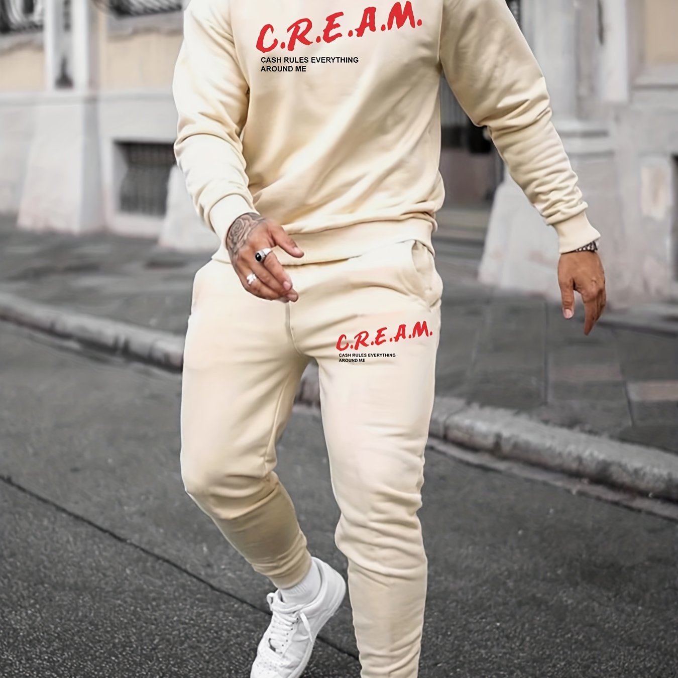 2Pcs Trendy Cream Letters Print Outfit Set - Soft Casual Hoodies Long Sleeve Hooded Shirts Pullover Sweatshirt, Drawstring Sweatpants Joggers for Spring Fall - Men's Comfortable Clothing for Everyday Wear