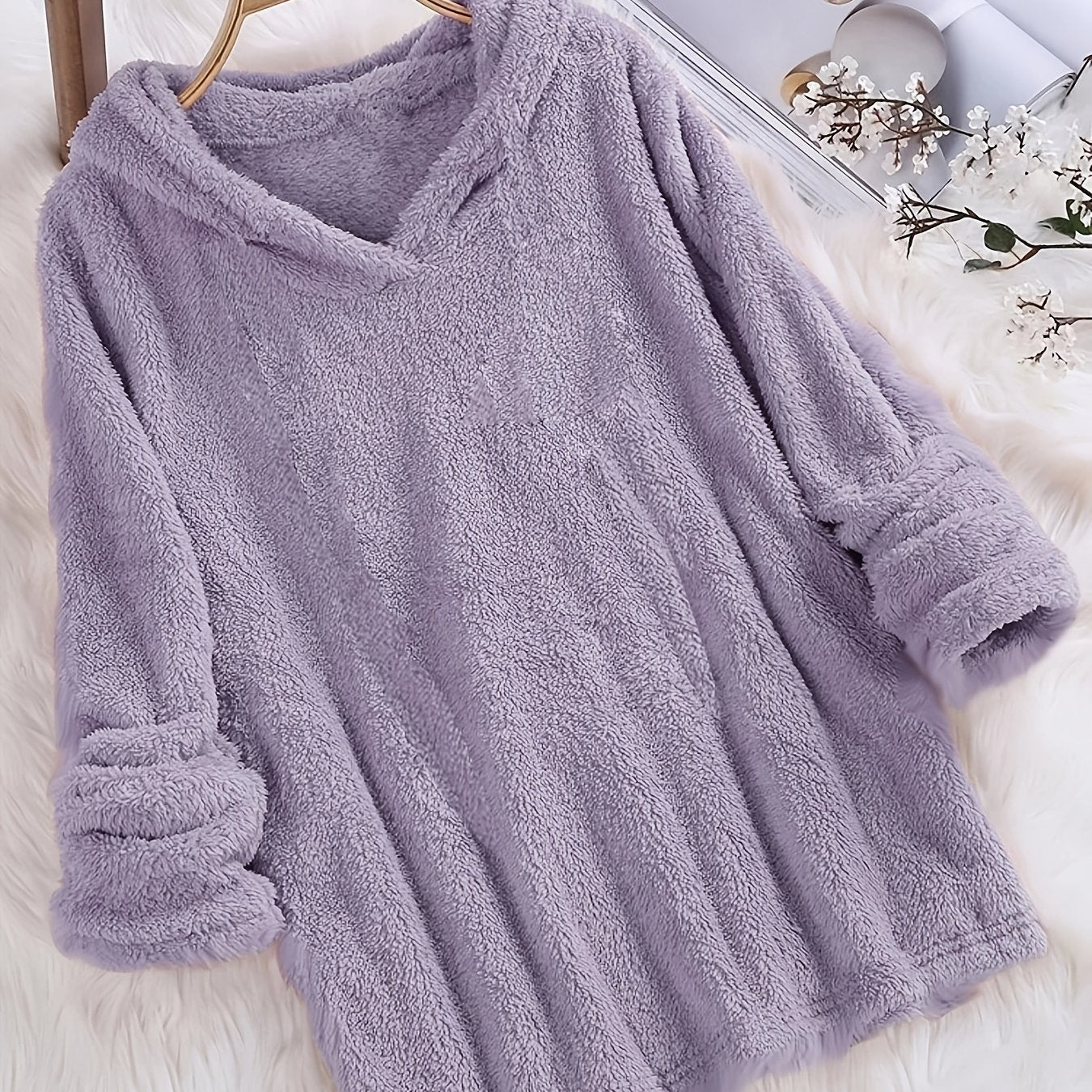 Fleece Solid Hoodie, Casual Long Sleeve Hoodies Sweatshirt, Women's Clothing