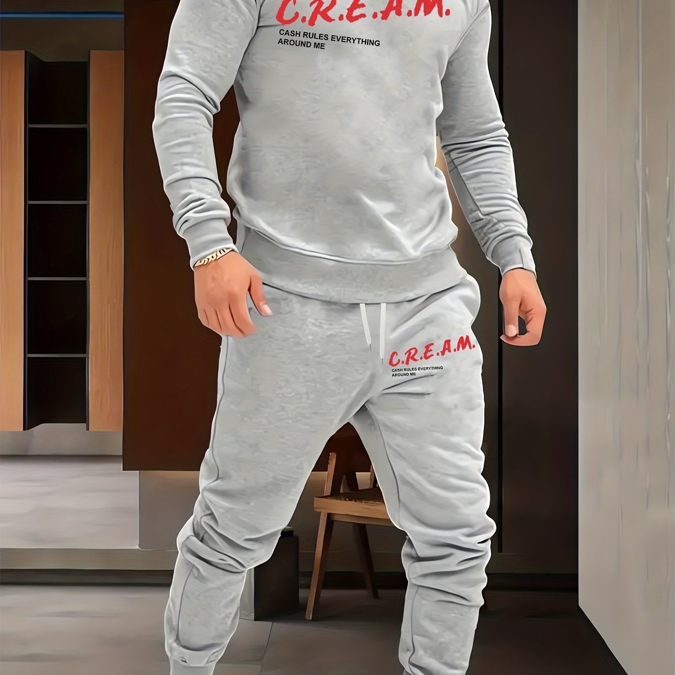 2Pcs Trendy Cream Letters Print Outfit Set - Soft Casual Hoodies Long Sleeve Hooded Shirts Pullover Sweatshirt, Drawstring Sweatpants Joggers for Spring Fall - Men's Comfortable Clothing for Everyday Wear