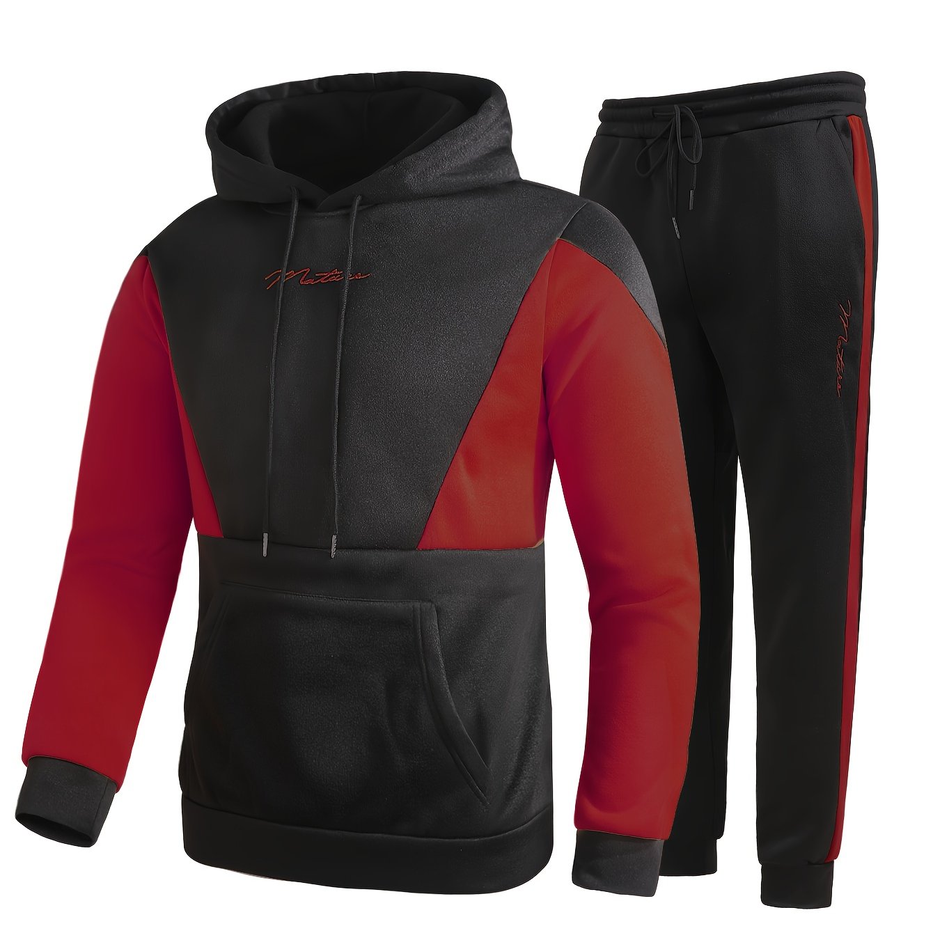 2Pcs Color Block Men's Sweatsuits - Cozy Hoodies Long Sleeve Sweatshirt and Sweatpants Joggers Set for Winter Fall - Soft, Breathable, and Comfortable Men's Clothing