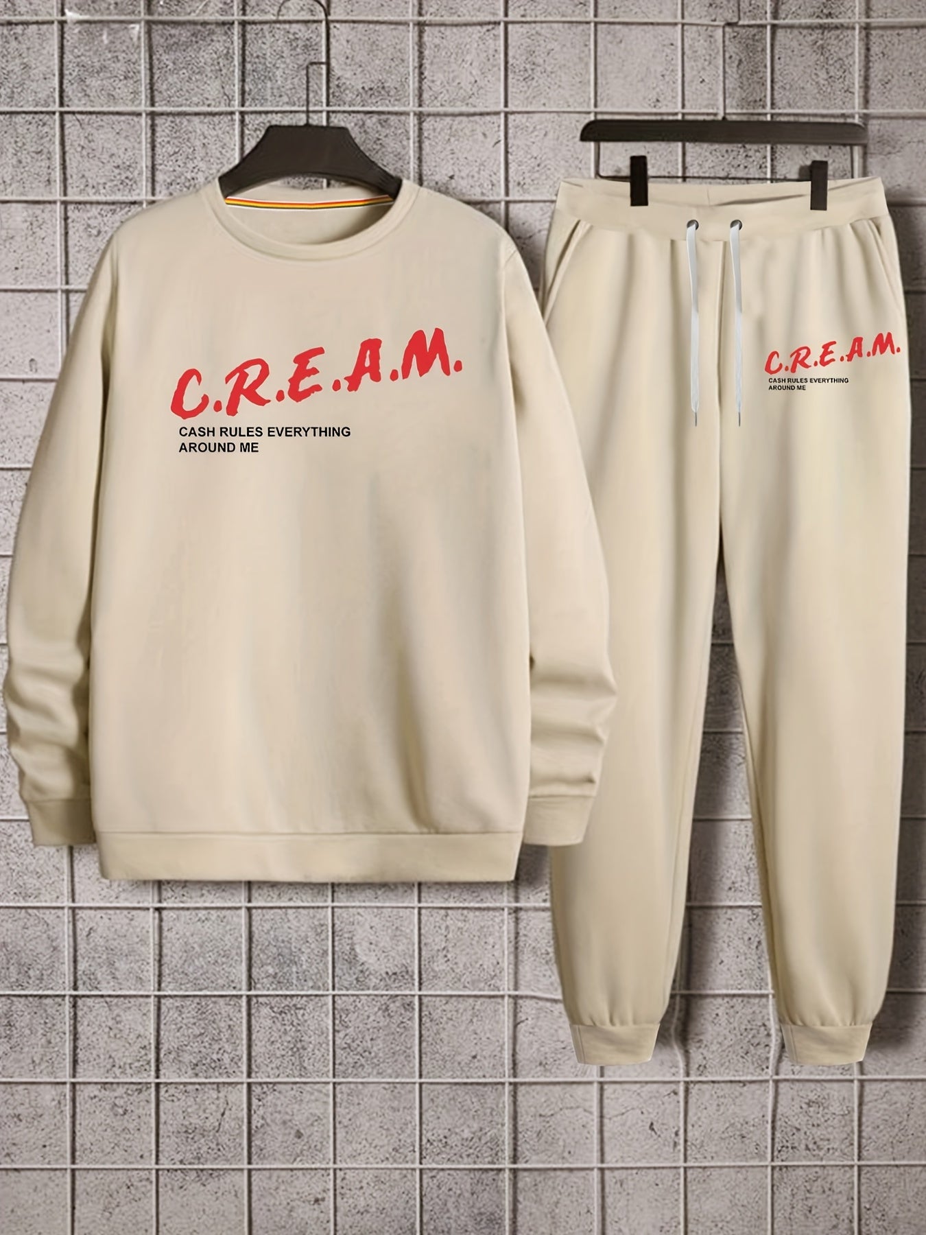 2Pcs Trendy Cream Letters Print Outfit Set - Soft Casual Hoodies Long Sleeve Hooded Shirts Pullover Sweatshirt, Drawstring Sweatpants Joggers for Spring Fall - Men's Comfortable Clothing for Everyday Wear