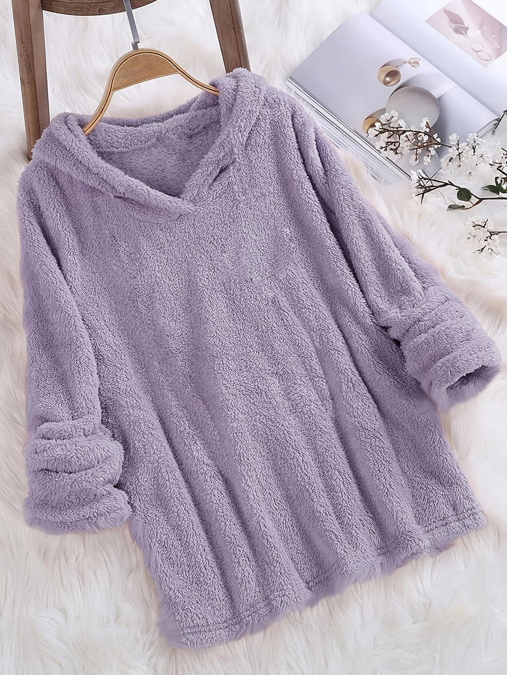 Fleece Solid Hoodie, Casual Long Sleeve Hoodies Sweatshirt, Women's Clothing