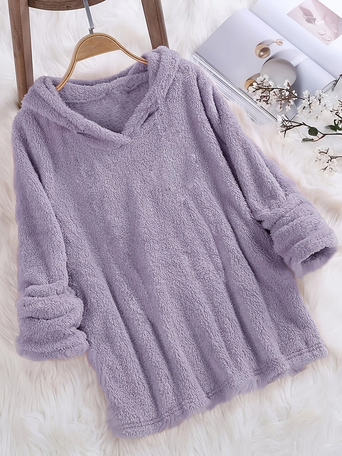 Fleece Solid Hoodie, Casual Long Sleeve Hoodies Sweatshirt, Women's Clothing
