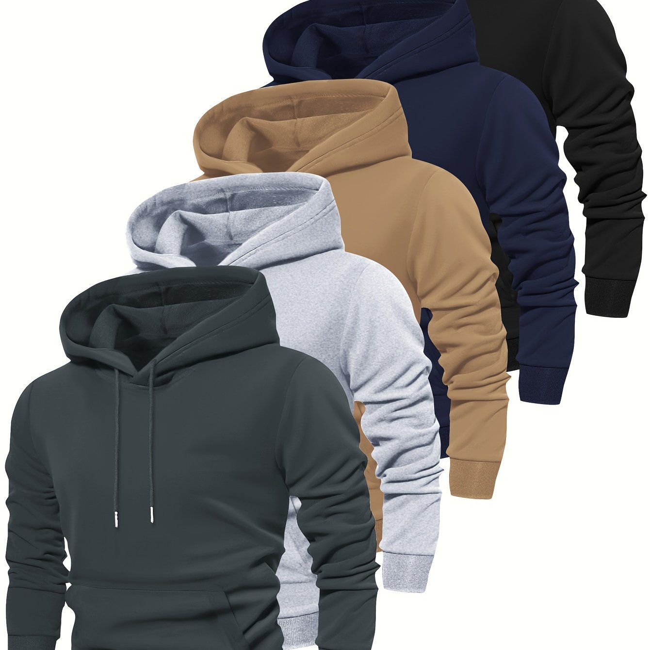 5pcs Fashion Hoodies - Cozy Solid Color Hooded Long Sleeve Sweatshirts with Kangaroo Pocket, Perfect for Outdoors, Casual and Sports Wear, Soft and Warm for Men's Fall and Winter Fashion