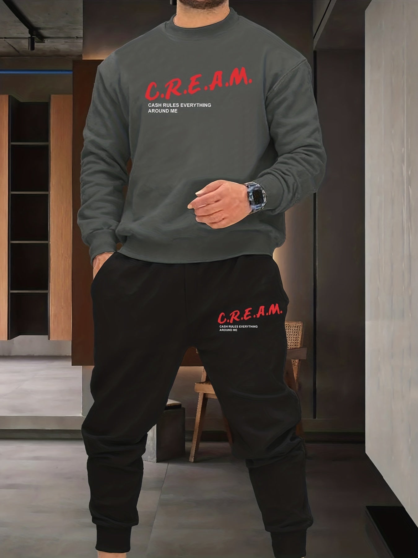 2Pcs Trendy Cream Letters Print Outfit Set - Soft Casual Hoodies Long Sleeve Hooded Shirts Pullover Sweatshirt, Drawstring Sweatpants Joggers for Spring Fall - Men's Comfortable Clothing for Everyday Wear