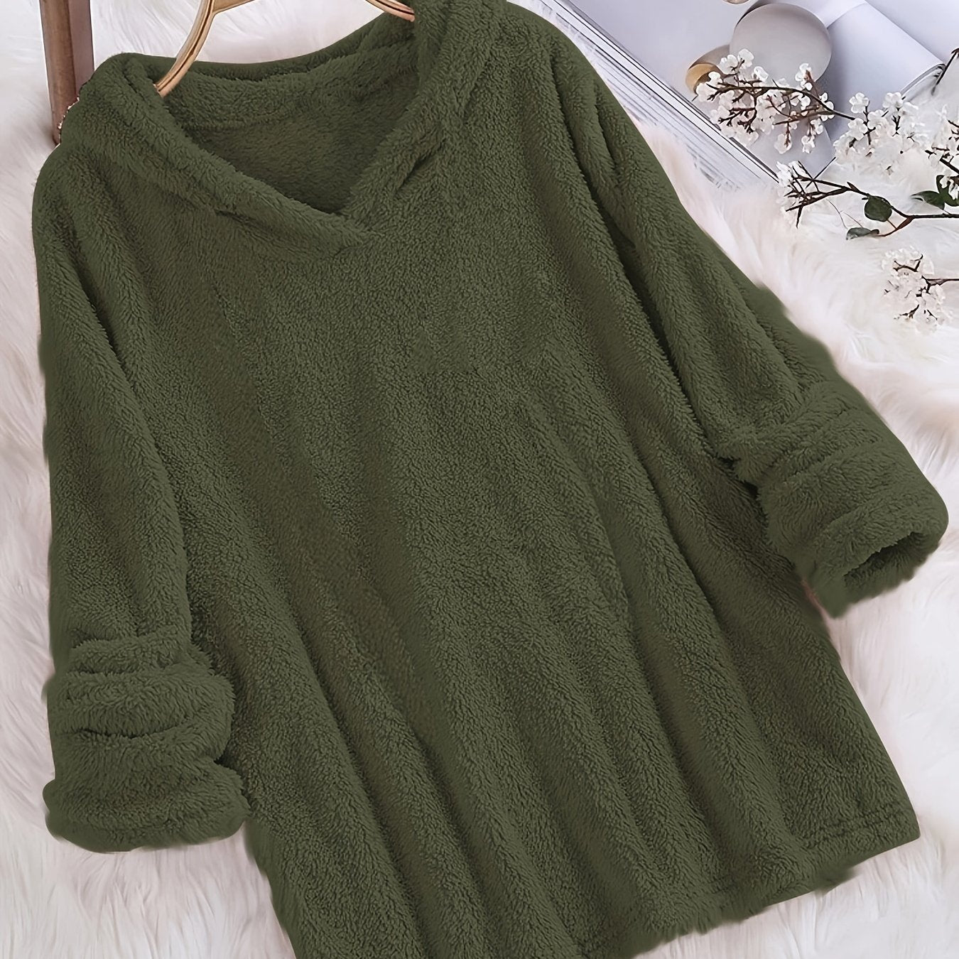 Fleece Solid Hoodie, Casual Long Sleeve Hoodies Sweatshirt, Women's Clothing