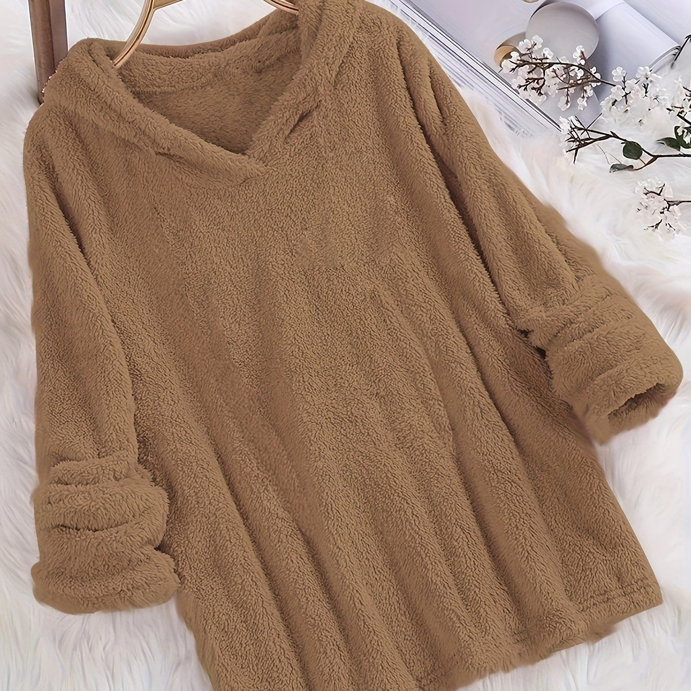 Fleece Solid Hoodie, Casual Long Sleeve Hoodies Sweatshirt, Women's Clothing