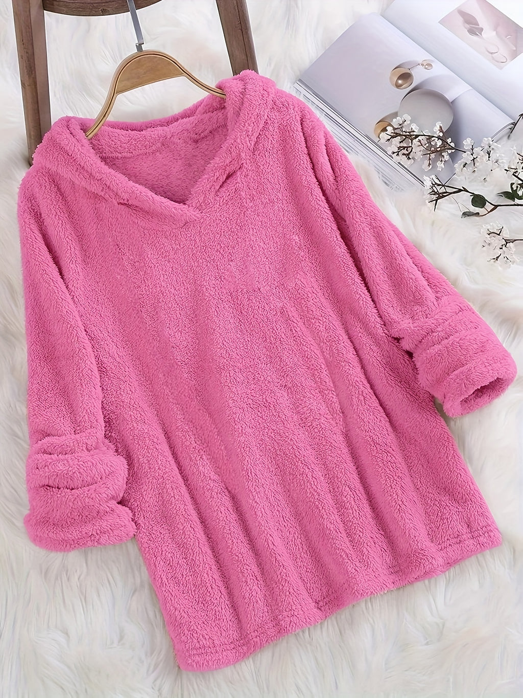 Fleece Solid Hoodie, Casual Long Sleeve Hoodies Sweatshirt, Women's Clothing