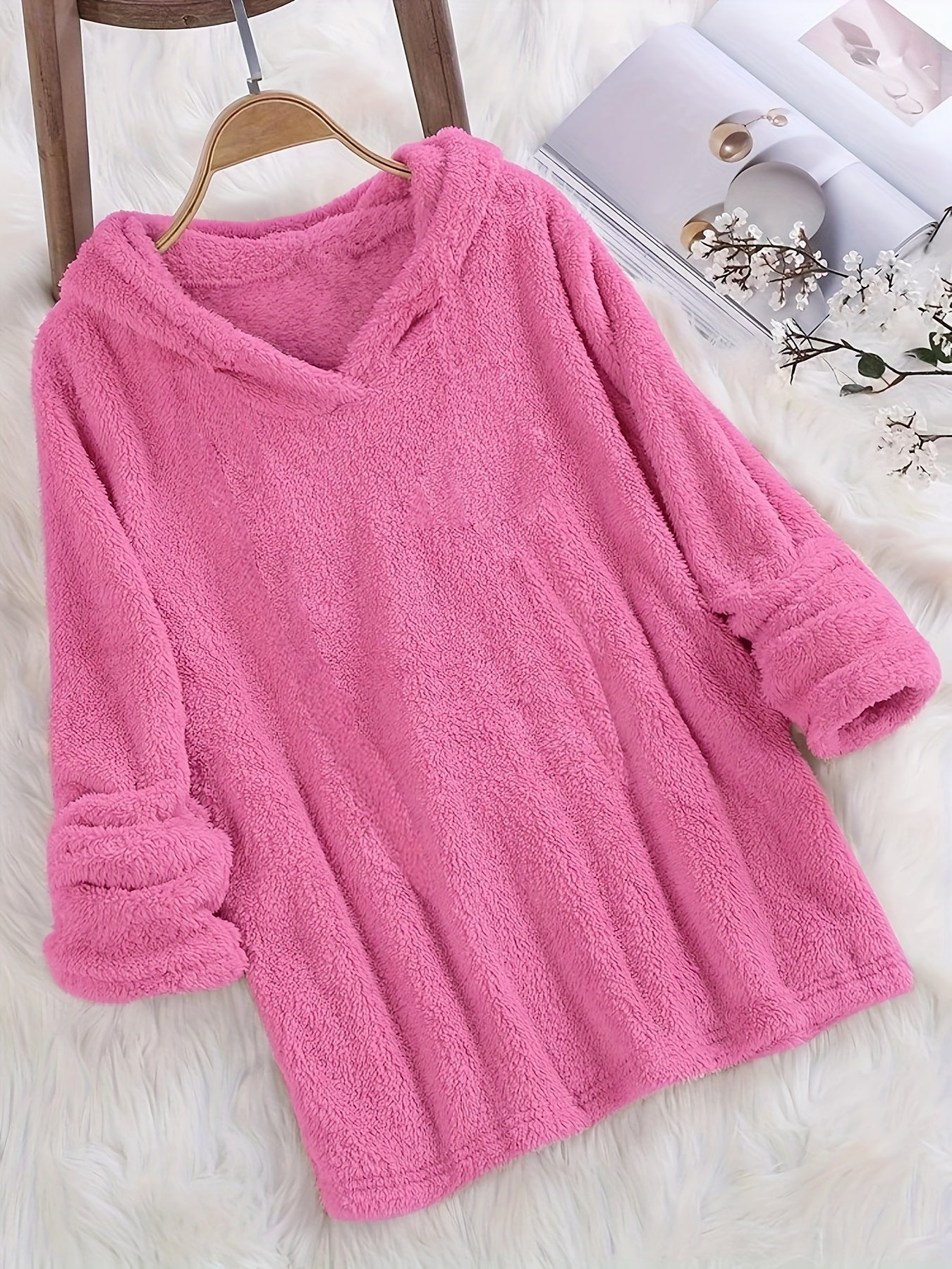 Fleece Solid Hoodie, Casual Long Sleeve Hoodies Sweatshirt, Women's Clothing