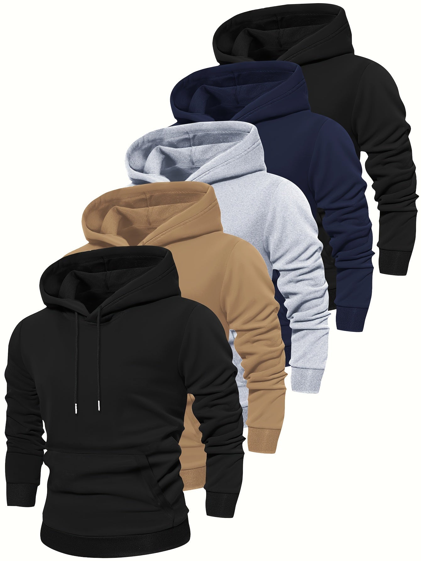 5pcs Fashion Hoodies - Cozy Solid Color Hooded Long Sleeve Sweatshirts with Kangaroo Pocket, Perfect for Outdoors, Casual and Sports Wear, Soft and Warm for Men's Fall and Winter Fashion