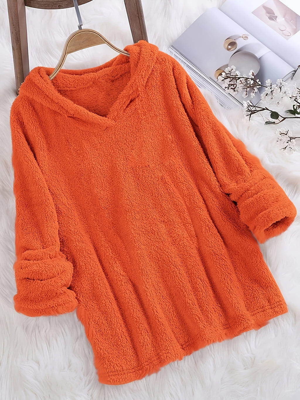 Fleece Solid Hoodie, Casual Long Sleeve Hoodies Sweatshirt, Women's Clothing