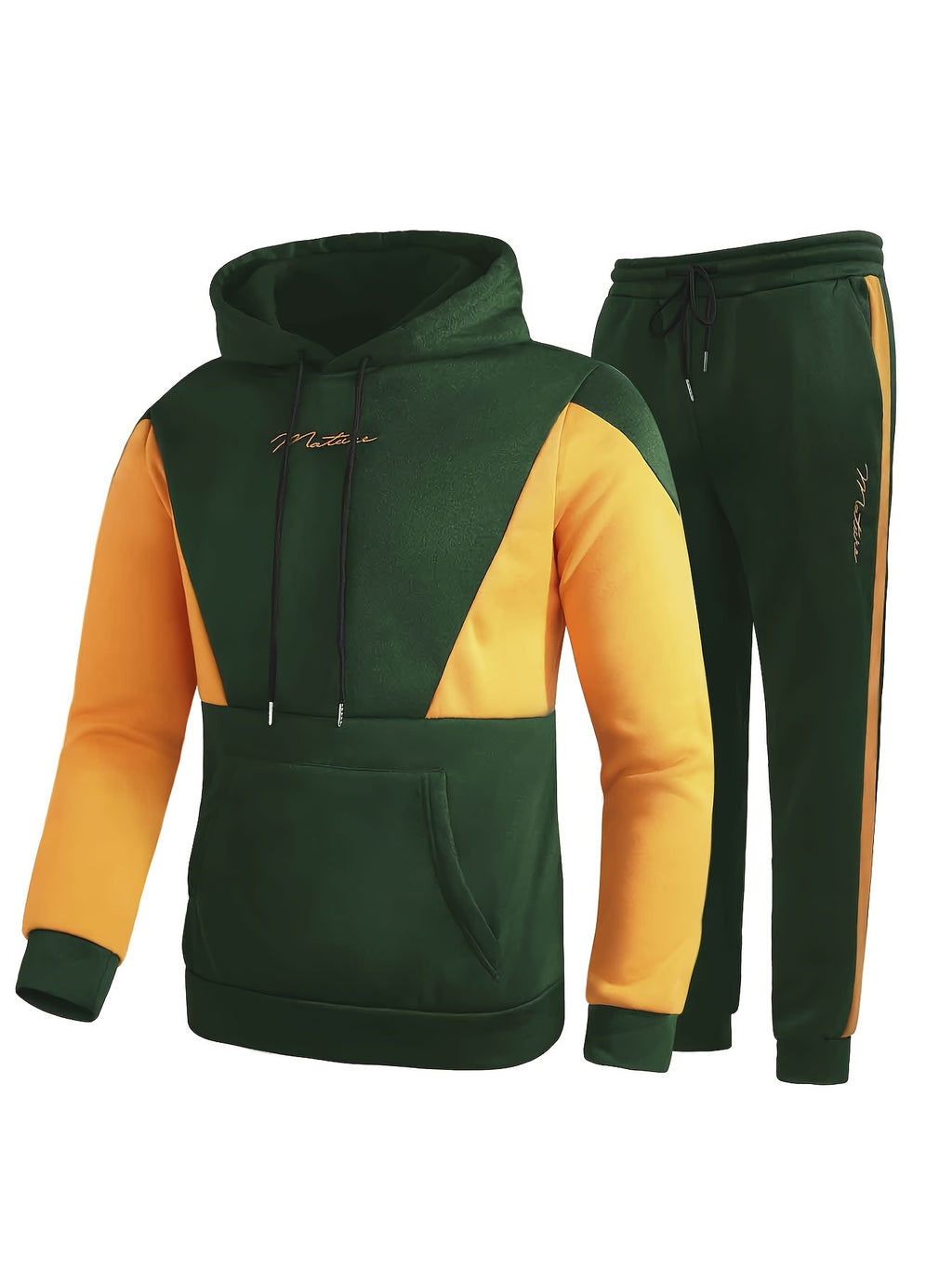 2Pcs Color Block Men's Sweatsuits - Cozy Hoodies Long Sleeve Sweatshirt and Sweatpants Joggers Set for Winter Fall - Soft, Breathable, and Comfortable Men's Clothing
