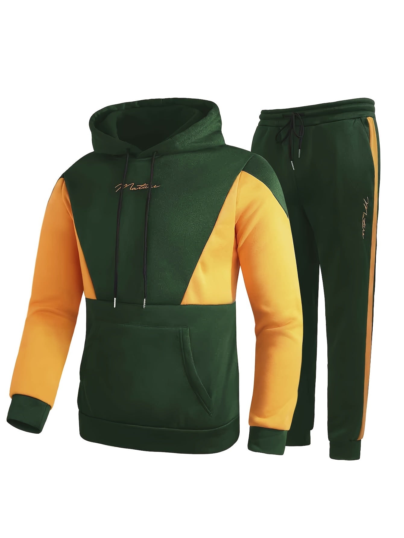 2Pcs Color Block Men's Sweatsuits - Cozy Hoodies Long Sleeve Sweatshirt and Sweatpants Joggers Set for Winter Fall - Soft, Breathable, and Comfortable Men's Clothing