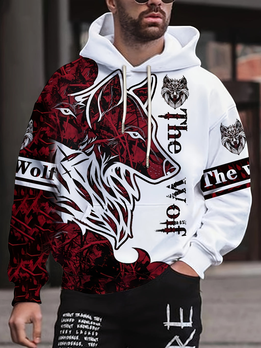 The Wolf Print Hoodie, Cool Hoodies For Men, Men's Casual Graphic Design Pullover Hooded Sweatshirt Streetwear For Winter Fall, As Gifts
