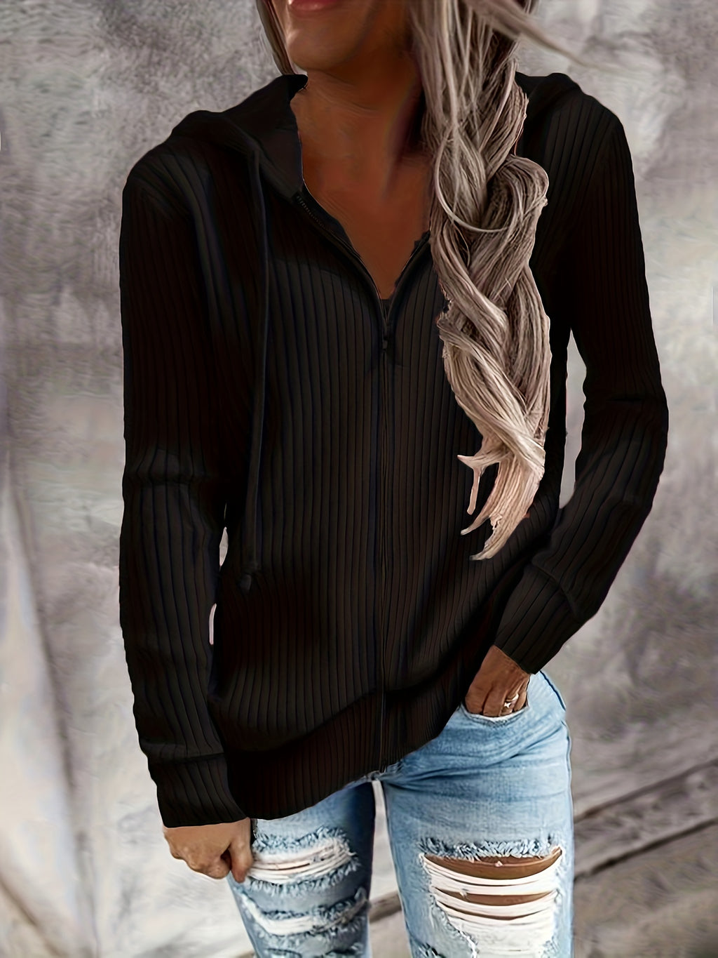 Zip Up Drawstring Hoodies, Casual Soldi Long Sleeve Sweatshirt, Women's Clothing