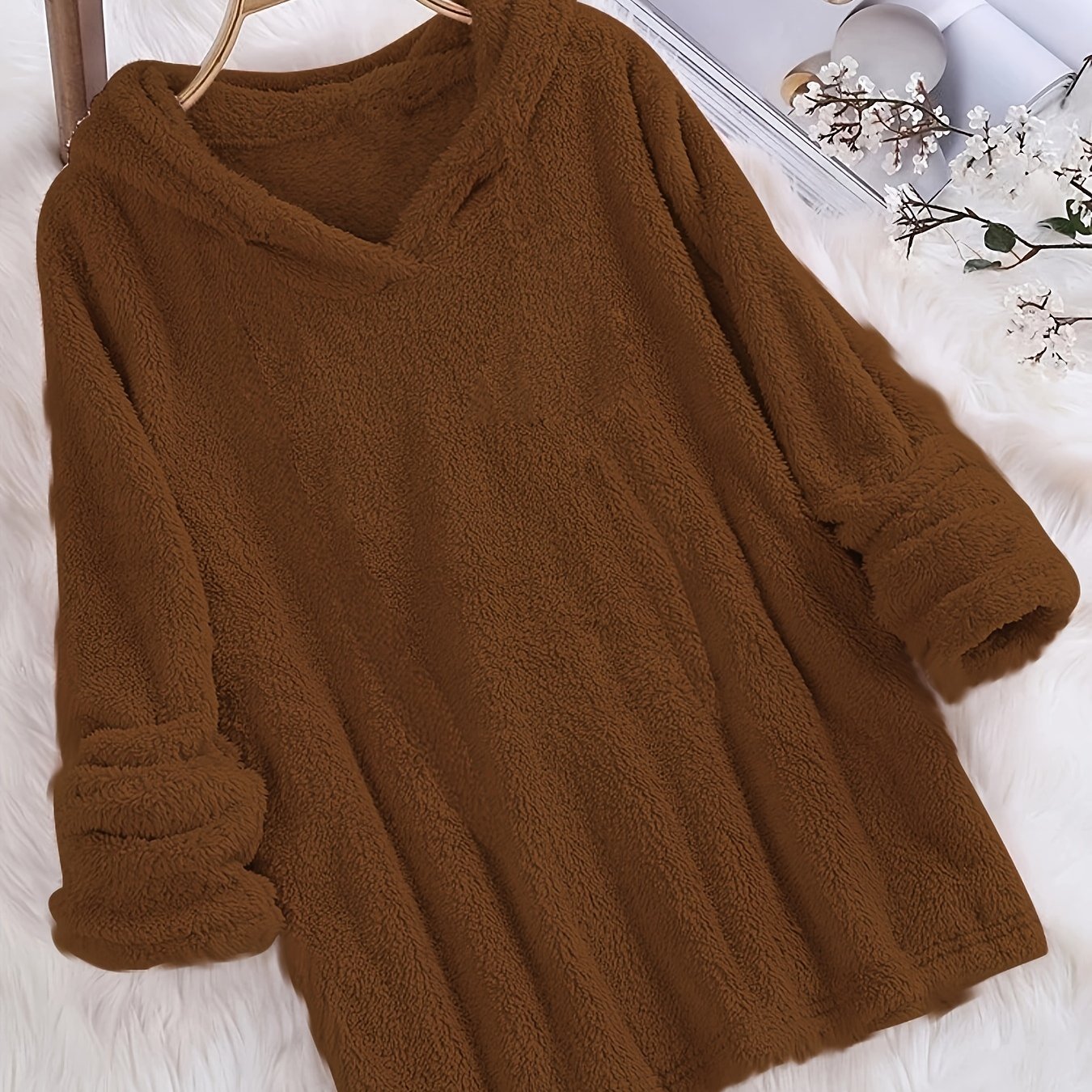Fleece Solid Hoodie, Casual Long Sleeve Hoodies Sweatshirt, Women's Clothing