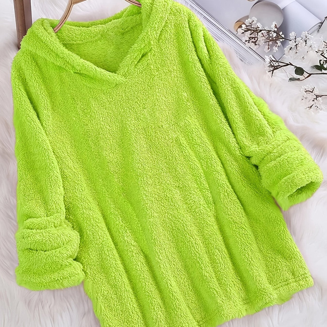 Fleece Solid Hoodie, Casual Long Sleeve Hoodies Sweatshirt, Women's Clothing