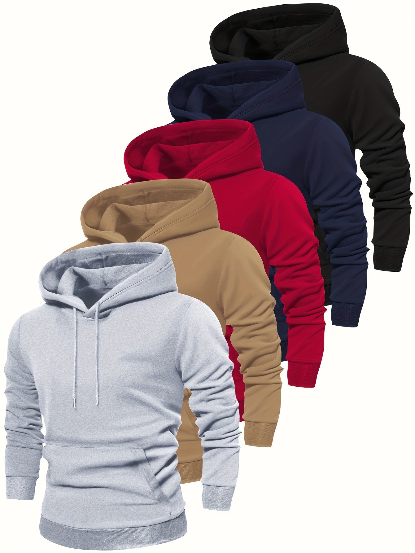 5pcs Fashion Hoodies - Cozy Solid Color Hooded Long Sleeve Sweatshirts with Kangaroo Pocket, Perfect for Outdoors, Casual and Sports Wear, Soft and Warm for Men's Fall and Winter Fashion