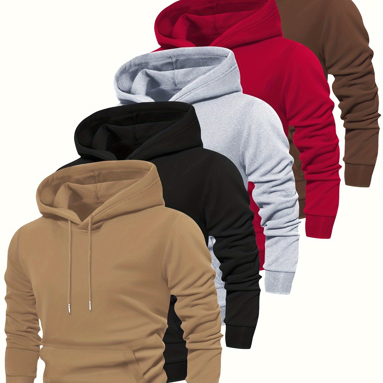 5pcs Fashion Hoodies - Cozy Solid Color Hooded Long Sleeve Sweatshirts with Kangaroo Pocket, Perfect for Outdoors, Casual and Sports Wear, Soft and Warm for Men's Fall and Winter Fashion