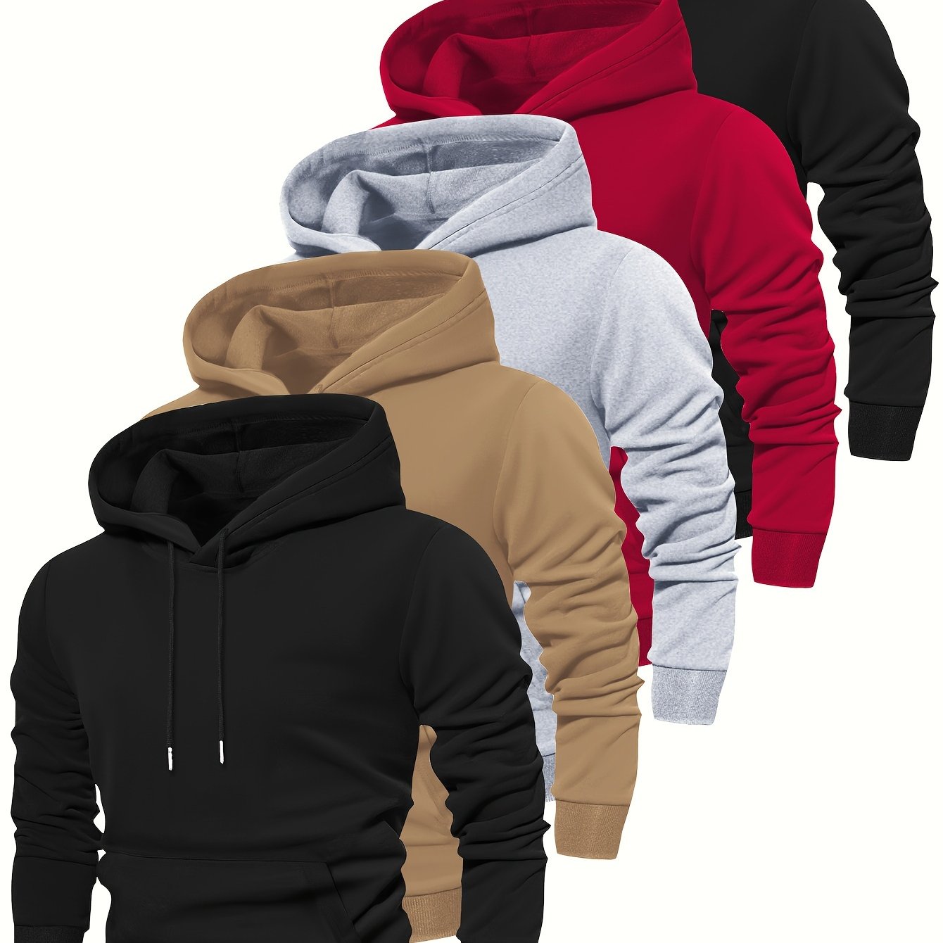 5pcs Fashion Hoodies - Cozy Solid Color Hooded Long Sleeve Sweatshirts with Kangaroo Pocket, Perfect for Outdoors, Casual and Sports Wear, Soft and Warm for Men's Fall and Winter Fashion