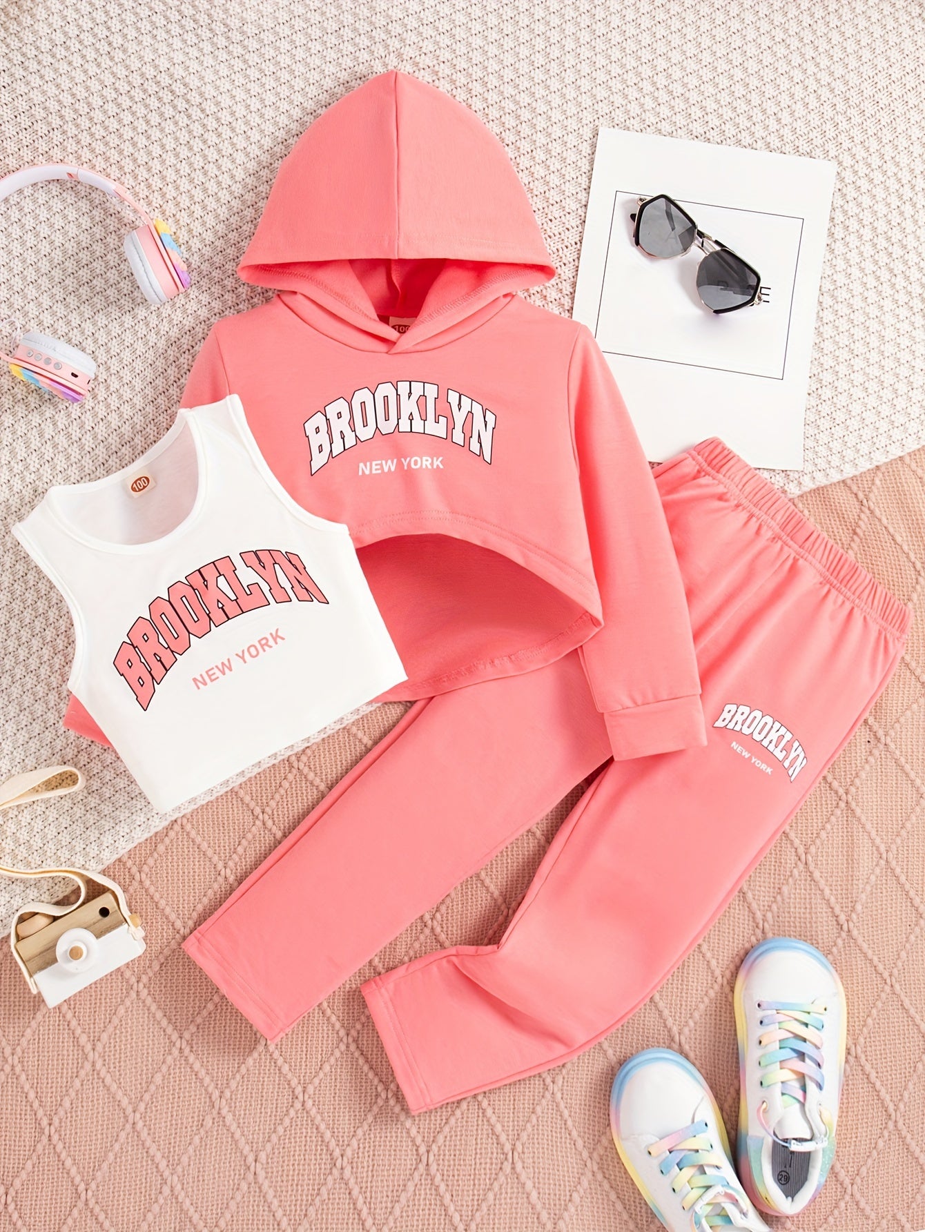 3pcs BROOKLYN Print Outfits Girls Hoodies + Tank Top + Jogger Pants Set Sports Spring Fall