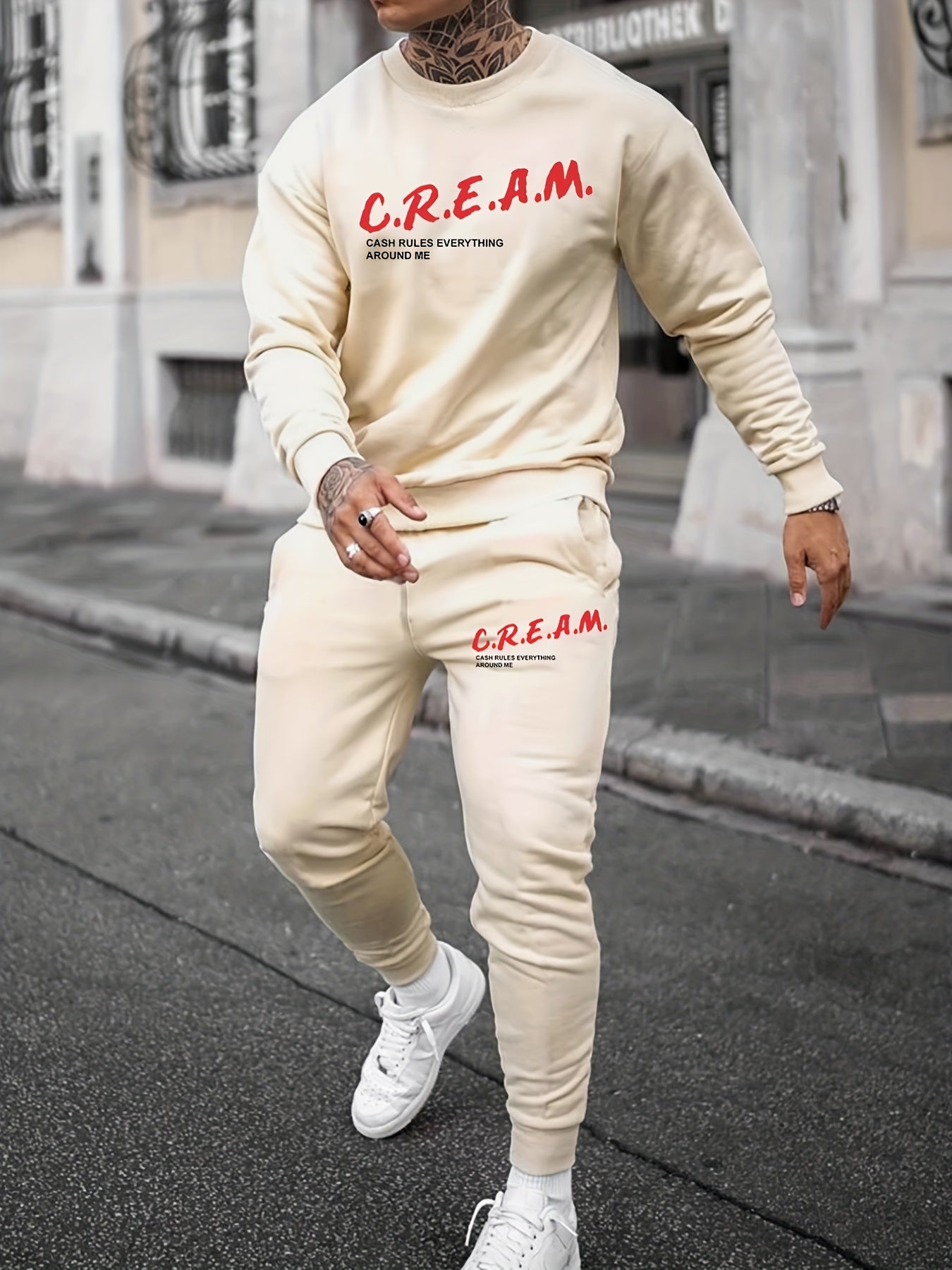 2Pcs Trendy Cream Letters Print Outfit Set - Soft Casual Hoodies Long Sleeve Hooded Shirts Pullover Sweatshirt, Drawstring Sweatpants Joggers for Spring Fall - Men's Comfortable Clothing for Everyday Wear