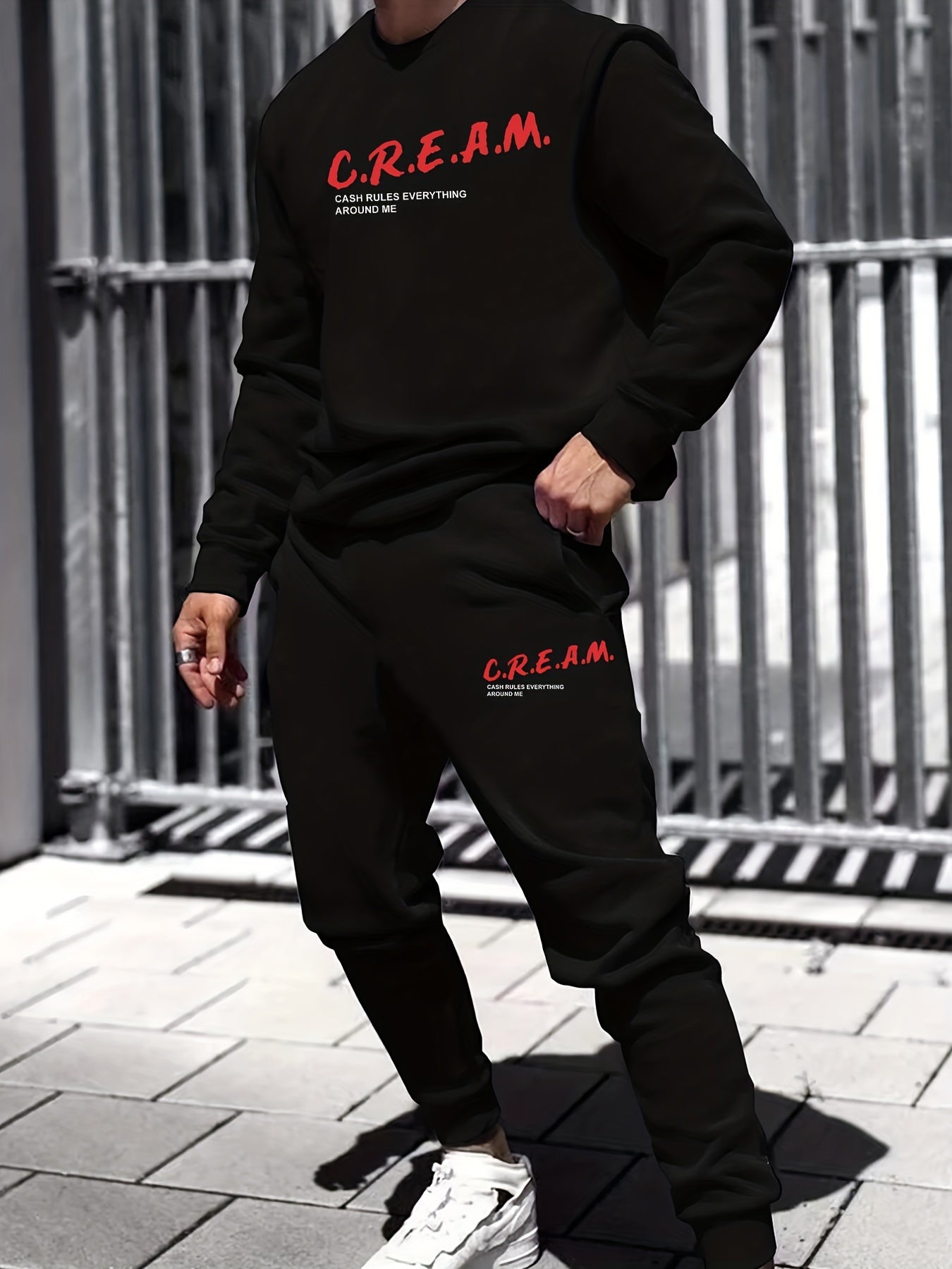 2Pcs Trendy Cream Letters Print Outfit Set - Soft Casual Hoodies Long Sleeve Hooded Shirts Pullover Sweatshirt, Drawstring Sweatpants Joggers for Spring Fall - Men's Comfortable Clothing for Everyday Wear