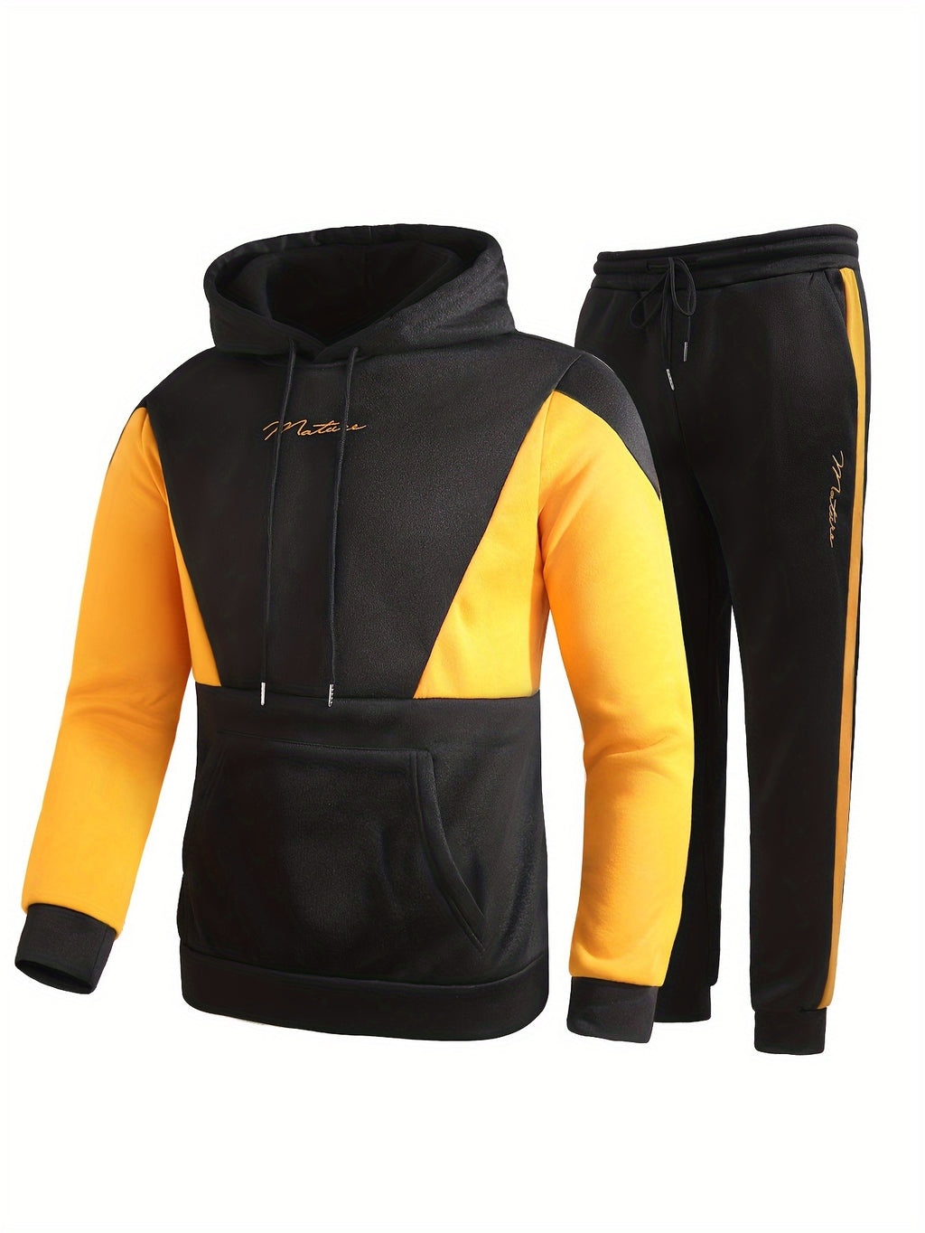 2Pcs Color Block Men's Sweatsuits - Cozy Hoodies Long Sleeve Sweatshirt and Sweatpants Joggers Set for Winter Fall - Soft, Breathable, and Comfortable Men's Clothing