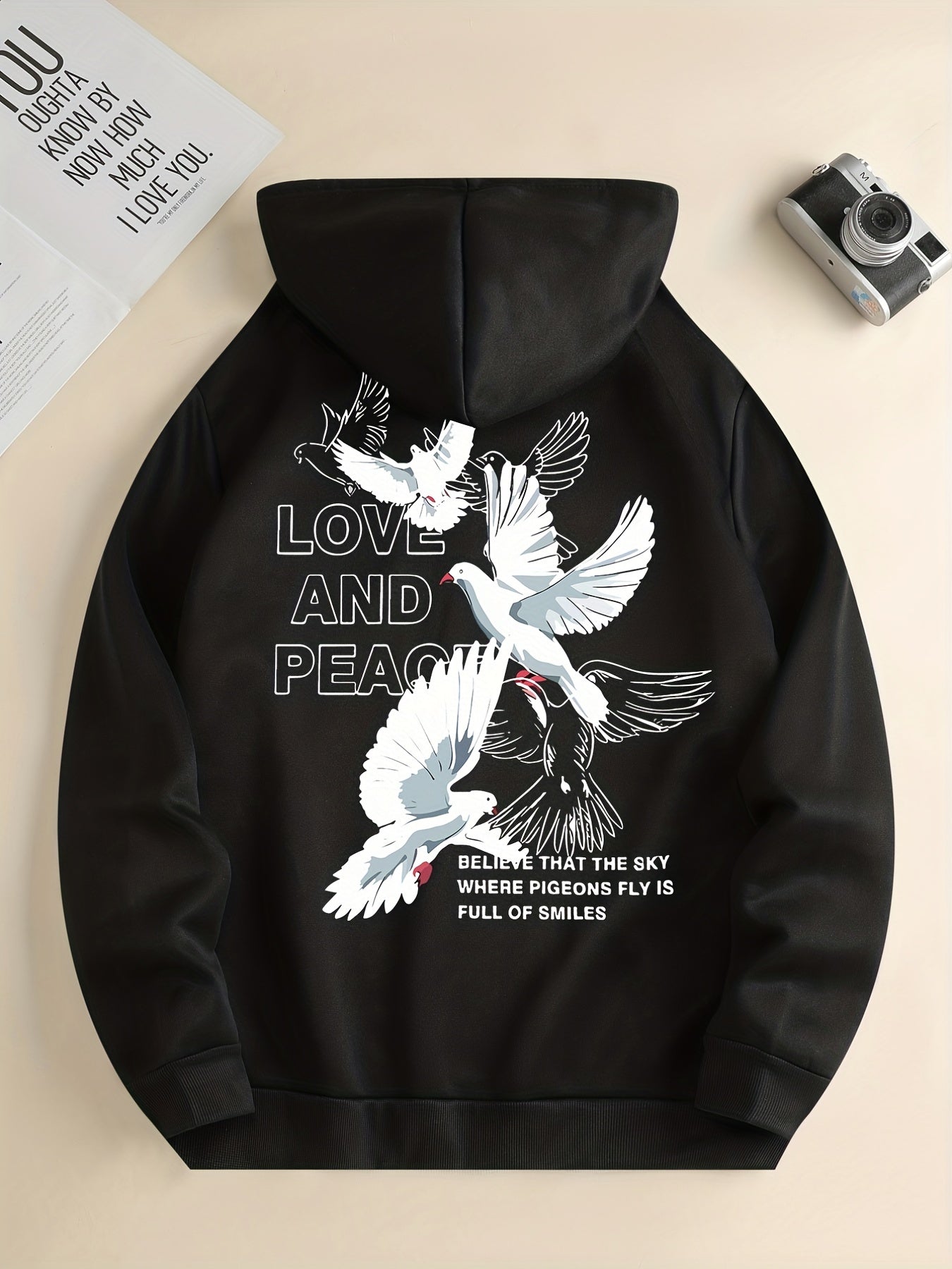 Hoodies For Men, 'Love And Peace' Graphic Print Hoodie, Men’s Casual Pullover Hooded Sweatshirt With Kangaroo Pocket For Spring Fall, As Gifts
