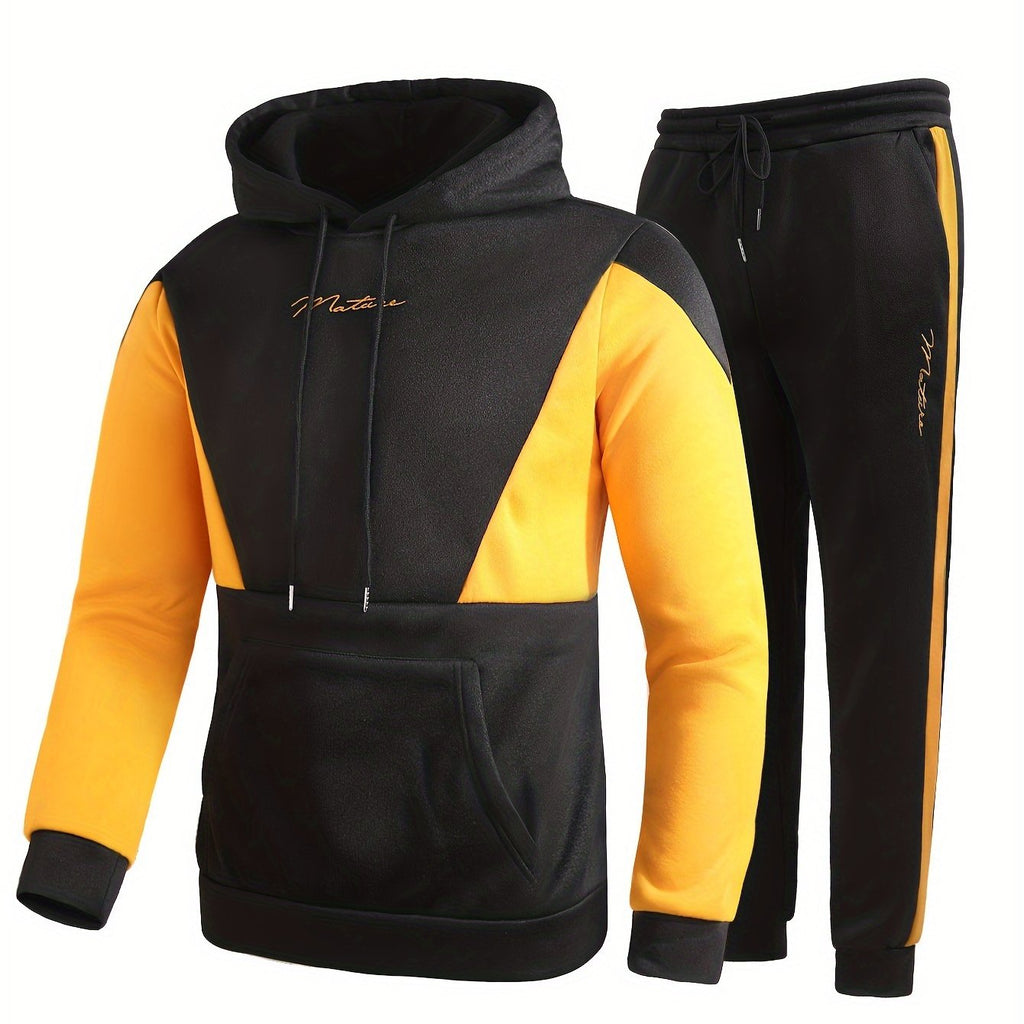 2Pcs Color Block Men's Sweatsuits - Cozy Hoodies Long Sleeve Sweatshirt and Sweatpants Joggers Set for Winter Fall - Soft, Breathable, and Comfortable Men's Clothing