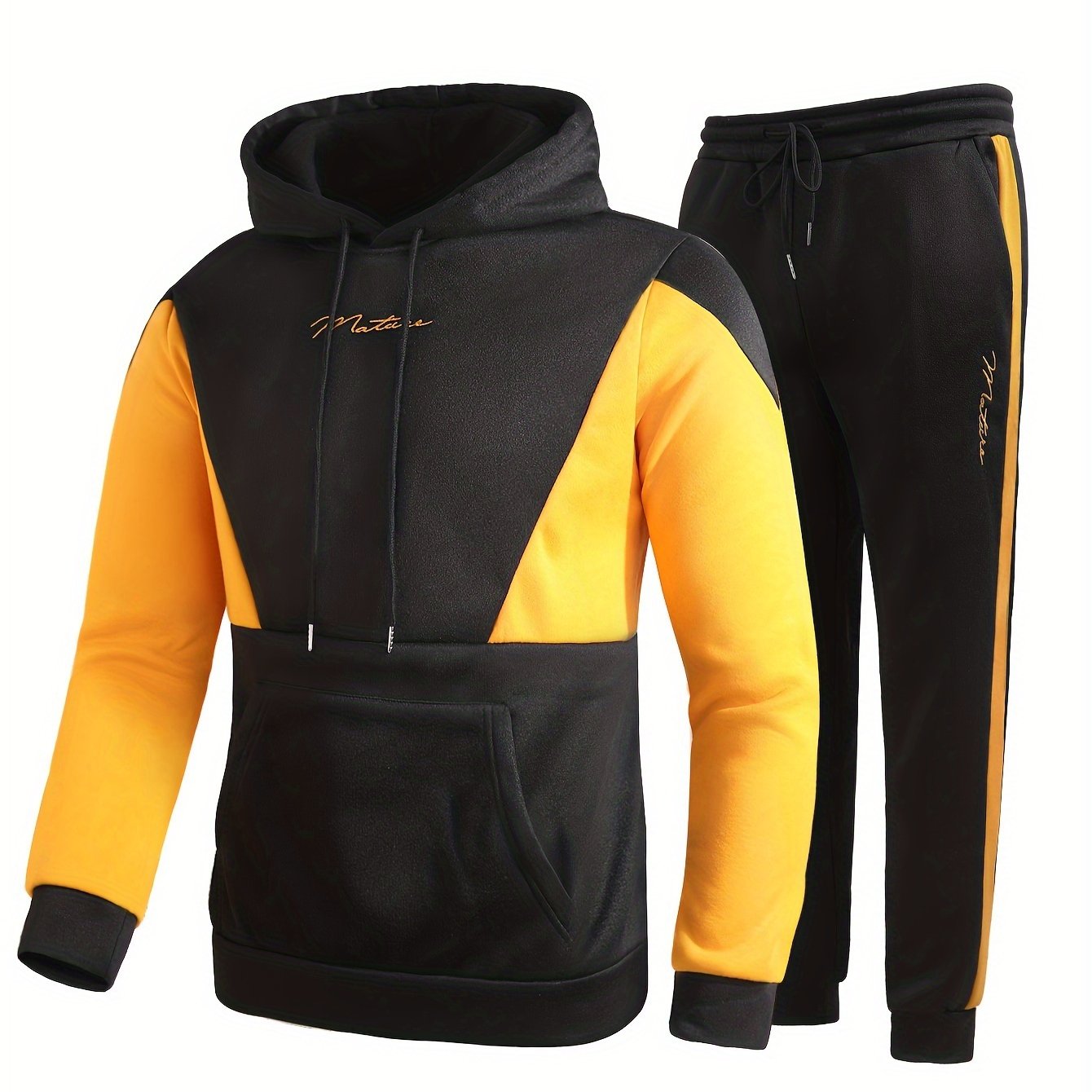 2Pcs Color Block Men's Sweatsuits - Cozy Hoodies Long Sleeve Sweatshirt and Sweatpants Joggers Set for Winter Fall - Soft, Breathable, and Comfortable Men's Clothing