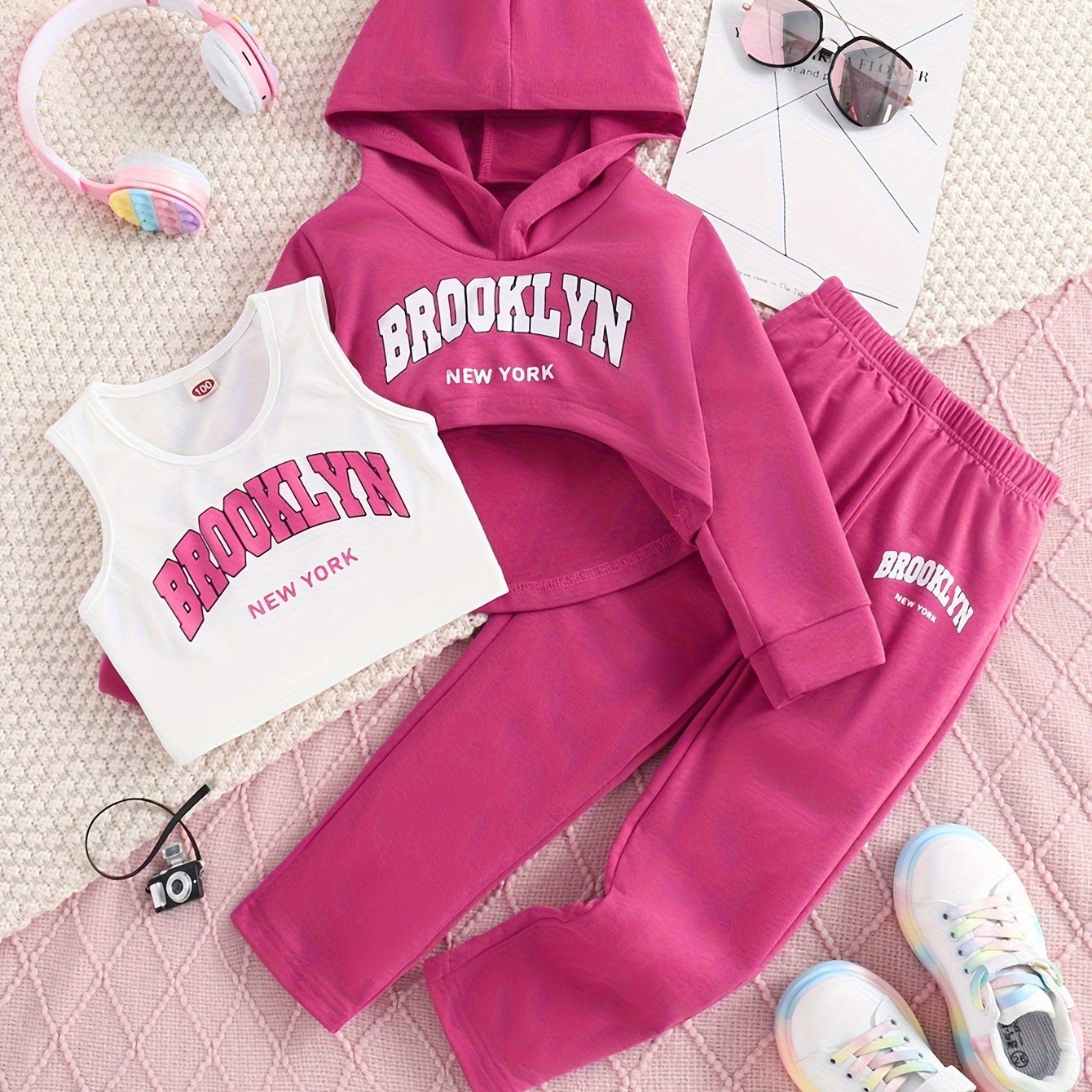 3pcs BROOKLYN Print Outfits Girls Hoodies + Tank Top + Jogger Pants Set Sports Spring Fall