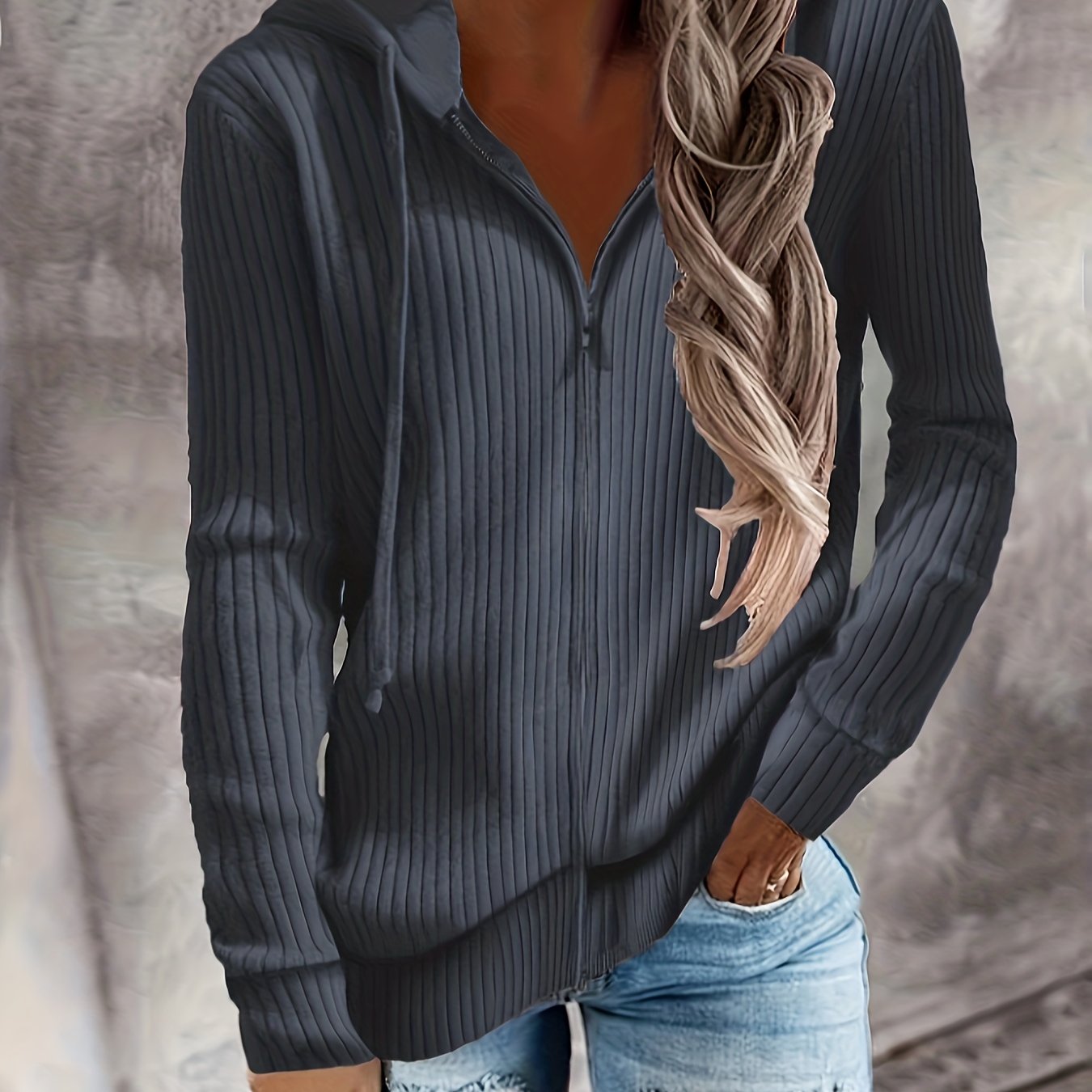 Zip Up Drawstring Hoodies, Casual Soldi Long Sleeve Sweatshirt, Women's Clothing