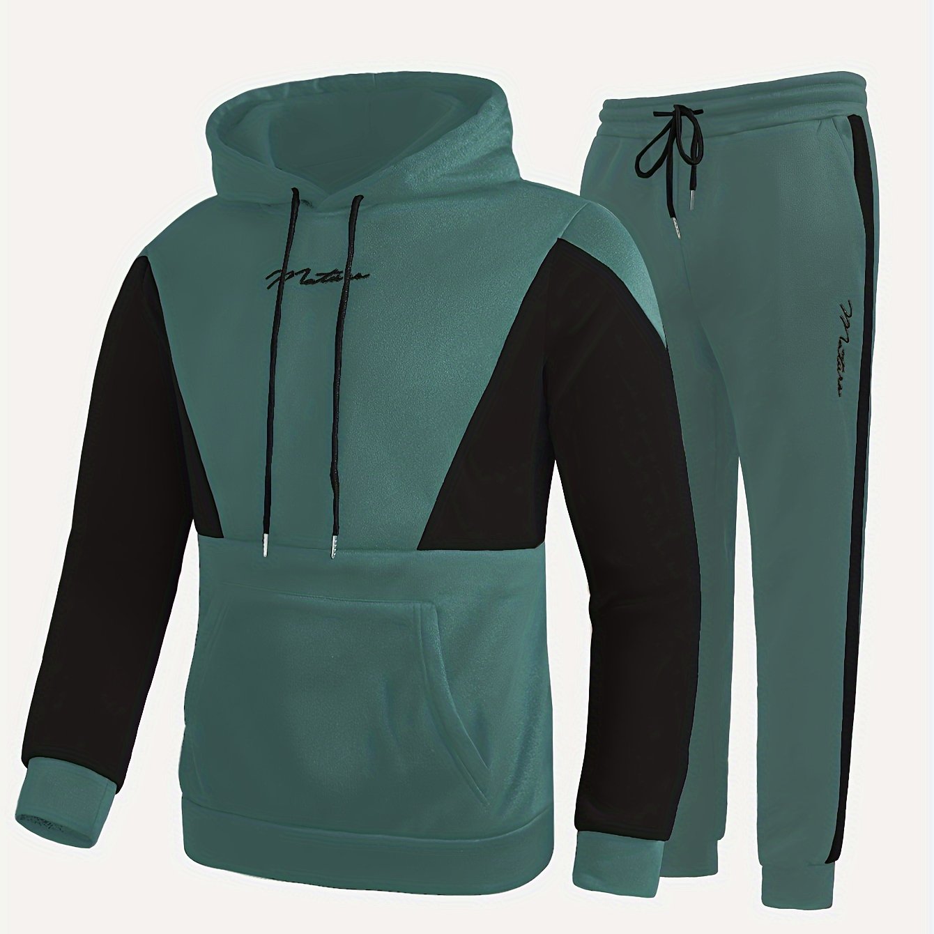 2Pcs Color Block Men's Sweatsuits - Cozy Hoodies Long Sleeve Sweatshirt and Sweatpants Joggers Set for Winter Fall - Soft, Breathable, and Comfortable Men's Clothing