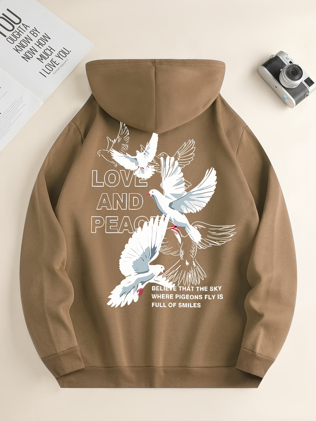 Hoodies For Men, 'Love And Peace' Graphic Print Hoodie, Men’s Casual Pullover Hooded Sweatshirt With Kangaroo Pocket For Spring Fall, As Gifts