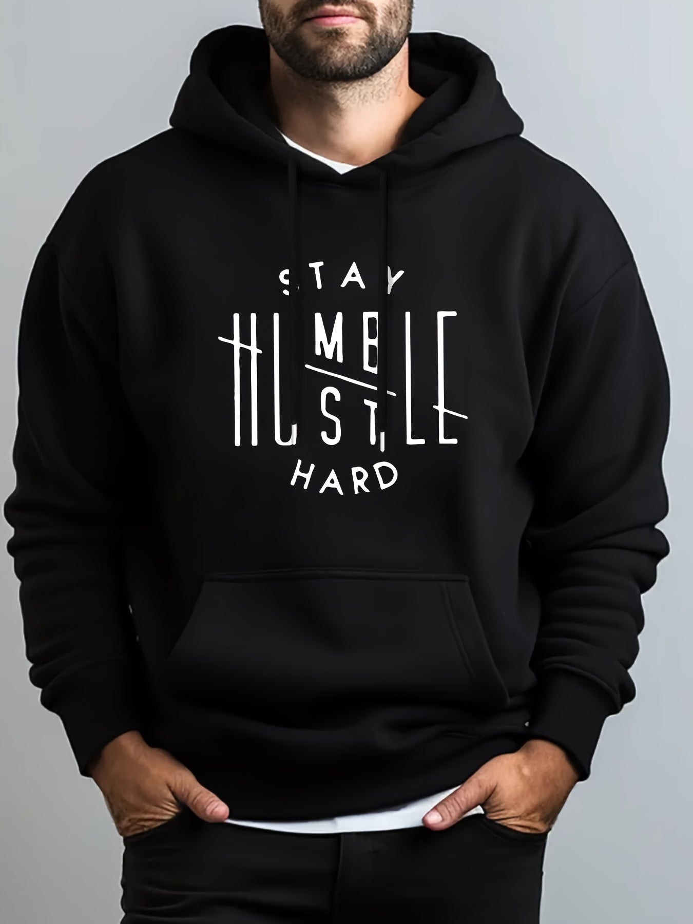 Stay Humble & Hustle Print Hoodie, Cool Hoodies For Men, Men's Casual Graphic Design Pullover Hooded Sweatshirt With Kangaroo Pocket Streetwear For Winter Fall, As Gifts