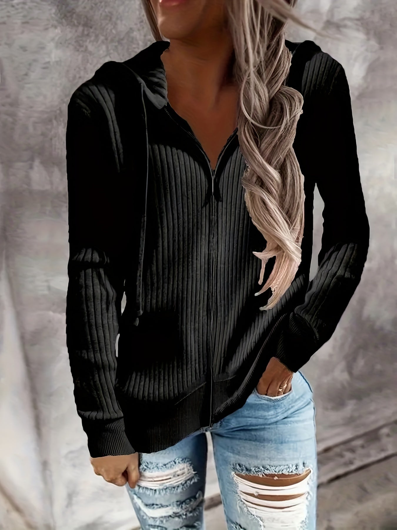Zip Up Drawstring Hoodies, Casual Soldi Long Sleeve Sweatshirt, Women's Clothing