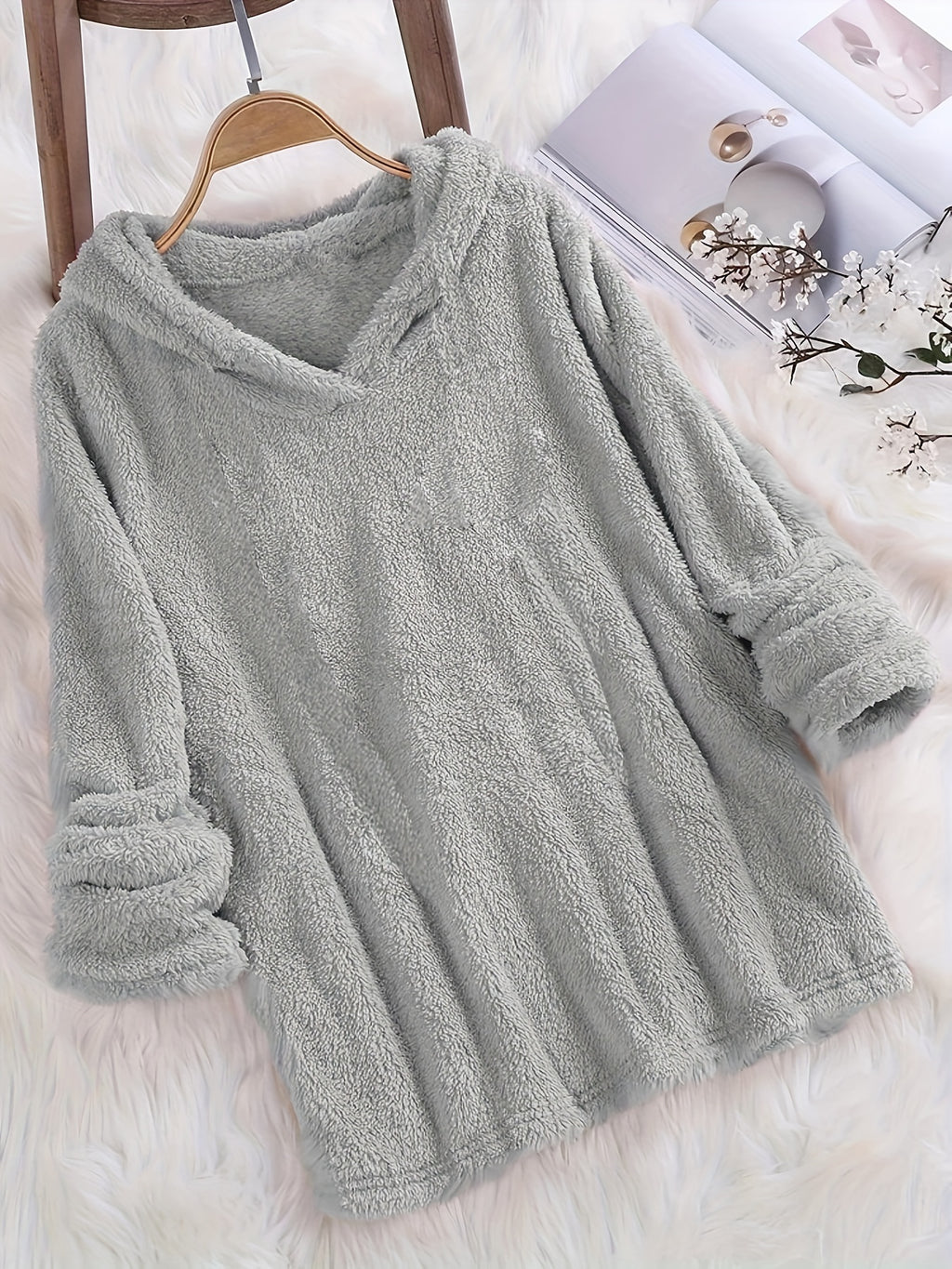Fleece Solid Hoodie, Casual Long Sleeve Hoodies Sweatshirt, Women's Clothing