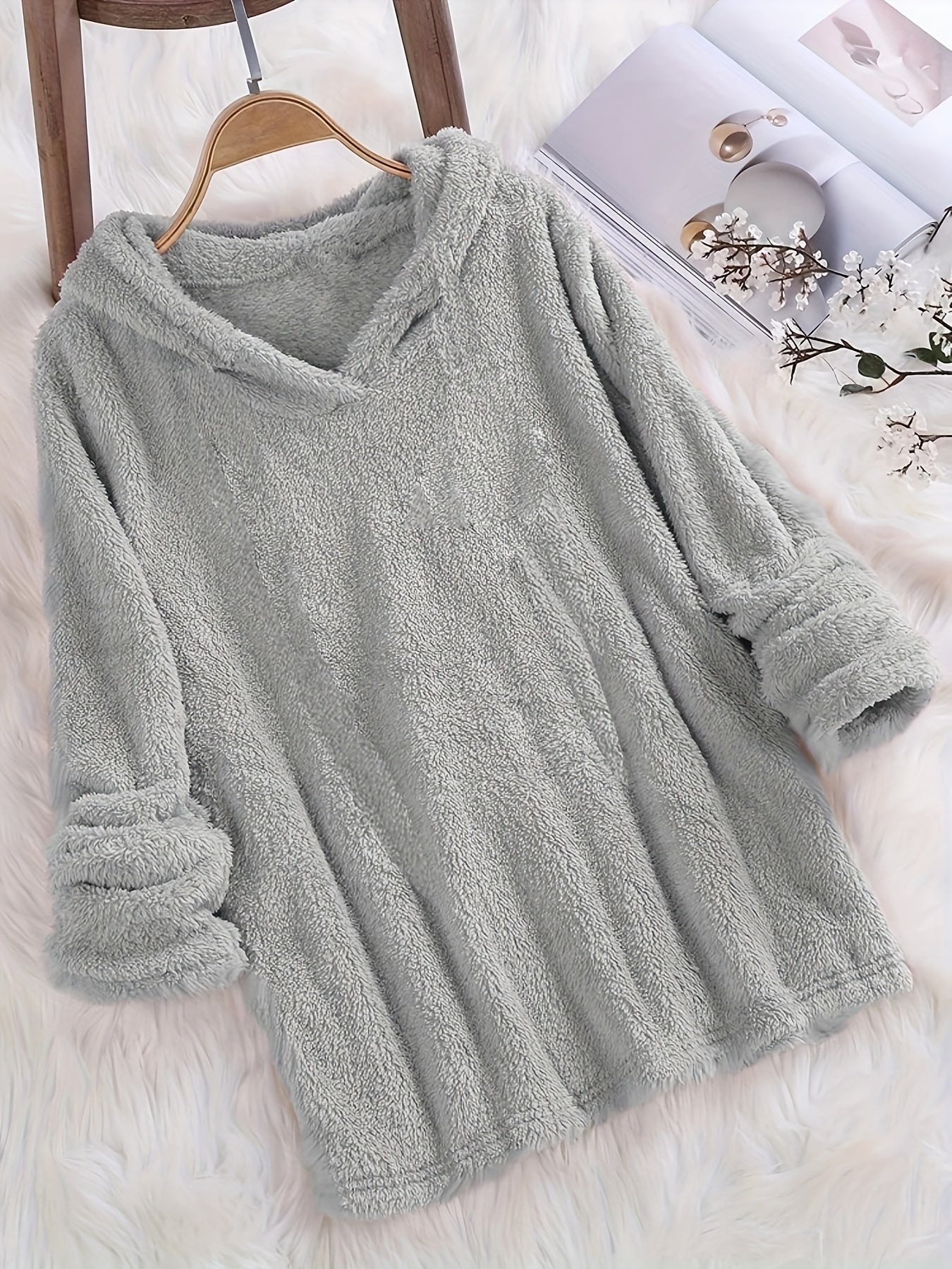 Fleece Solid Hoodie, Casual Long Sleeve Hoodies Sweatshirt, Women's Clothing