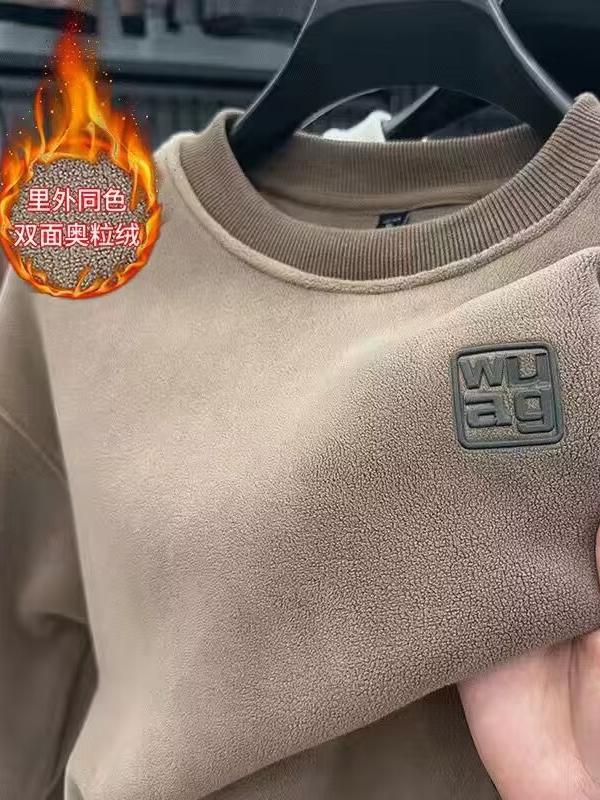 Foreign Trade Cut Label Double-sided Thickened Australian Grain Velvet Autumn And Winter Fleece-lined Top Men&#039;s Solid Color Casual Round Neck Fleece Sweat