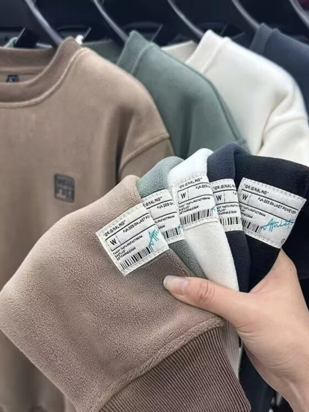 Foreign Trade Cut Label Double-sided Thickened Australian Grain Velvet Autumn And Winter Fleece-lined Top Men&#039;s Solid Color Casual Round Neck Fleece Sweat