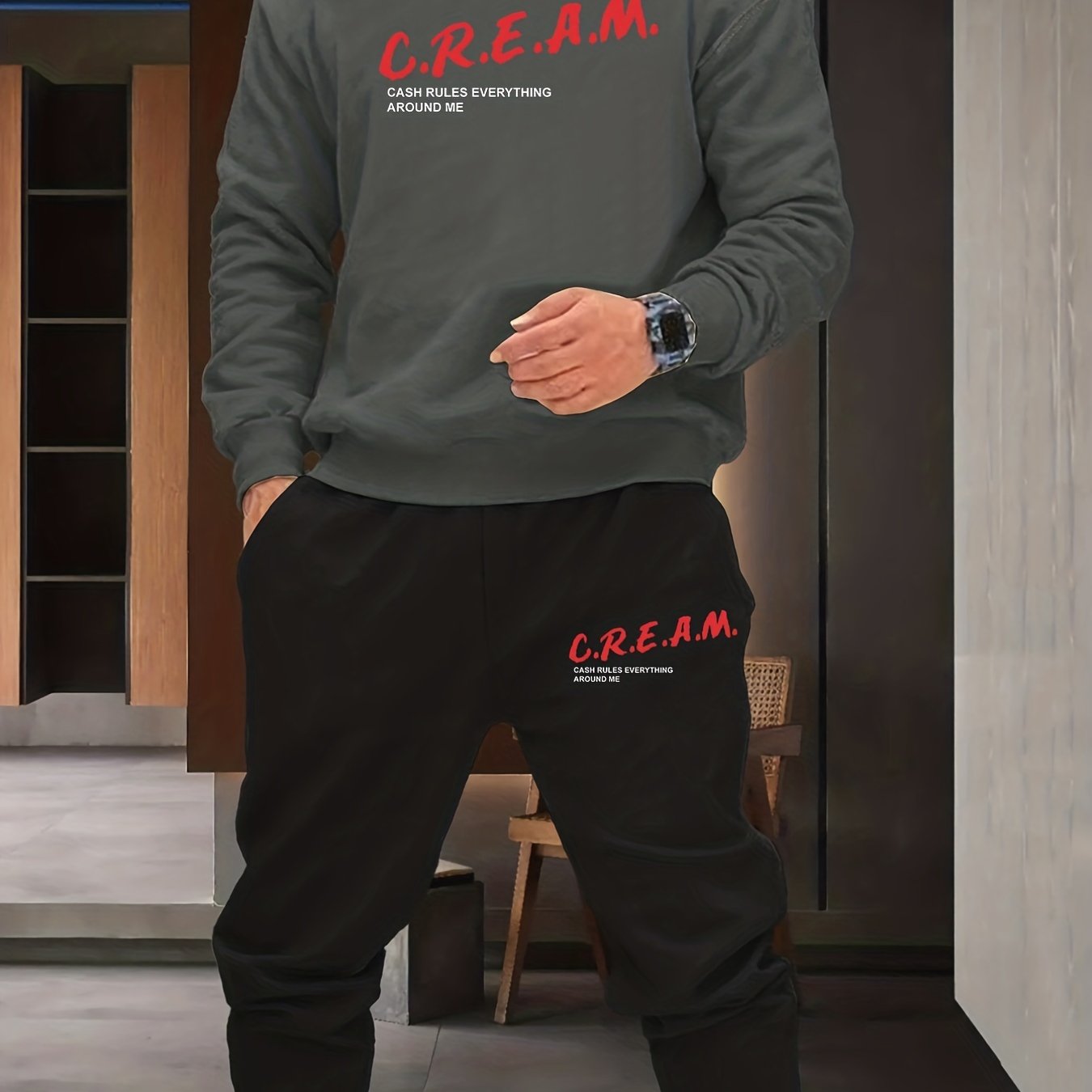 2Pcs Trendy Cream Letters Print Outfit Set - Soft Casual Hoodies Long Sleeve Hooded Shirts Pullover Sweatshirt, Drawstring Sweatpants Joggers for Spring Fall - Men's Comfortable Clothing for Everyday Wear